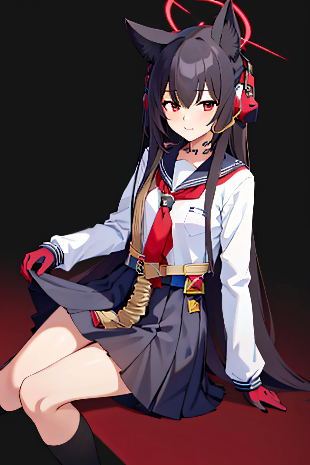 Shichido Yukino, 1girll, Solo, Long hair, view the viewer, Black hair, Red eyes, Long sleeves, White background, Animal ears, hair between eye, Pleated skirt, tiese, serafuku, black thighhigns, Earphone, Halo, Two-tone gloves, Smile, Sitting