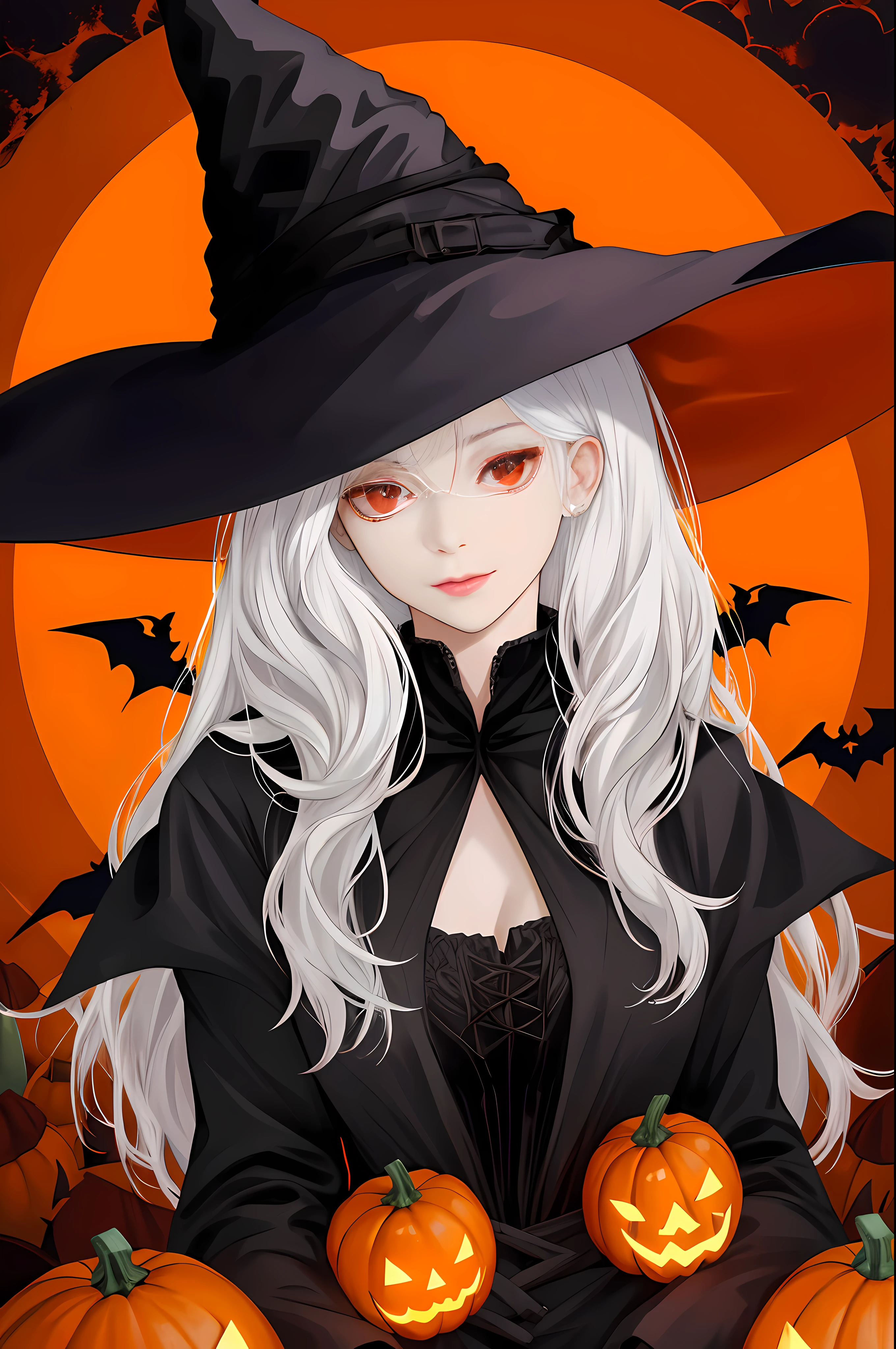 There's a woman in a witch costume holding two pumpkins, a witch hat, a witch outfit, a black outfit, white hair, an orange Halloween background, red eyes, a pretty girl