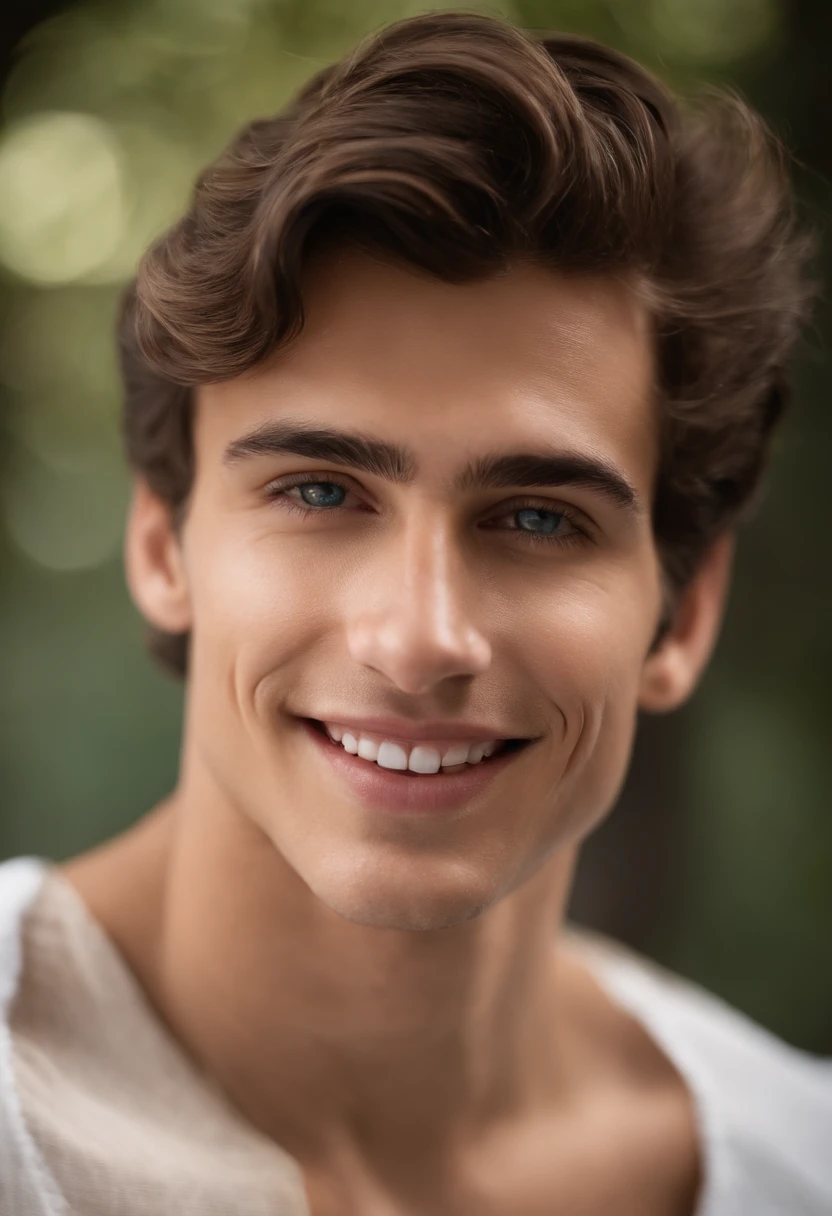 This 20-year-old British man displays a radiant youth...., with naturally pink lips that curve into a charming smile. Seu cabelo loiro, curto e reto, flows gently up to the neck, capturando a luz de maneira sutil. Seus olhos azuis, As clear as the sky, refletem uma serenidade juvenil. The perfect facial features outline a captivating face, where every detail looks carved with precision. Your toned body reveals dedication to health and well-being, conveying an athletic and vibrant presence. Vestindo uma simples camisa de linho, ele irradia felicidade, as if the light fabric matched the lightness of his spirit. A camisa, sutil e elegante, highlights your youth with a touch of relaxed style. The cinematic portrayal is realistic, com um rosto lindamente detalhado, With a high resolution of 8K and atmospheric lighting that highlights the realistic and sharp features of your face.