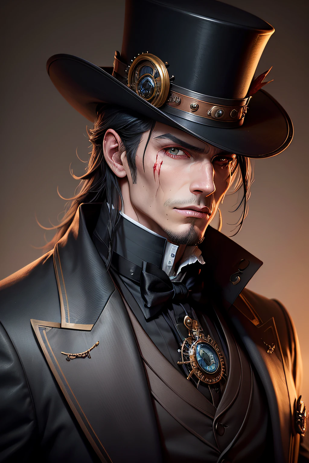 there is a man in a top hat, suit and monocle on one left eye, Steampunk male portrait, Highly detailed character, epic and elegant portrait, Sakimichan Frank Franzzeta, ugly male vampire, CGSetivity Portrait, human male character art, Portrait of a blood hunter , awesome character art, character art portrait, male vampire, detailed character portrait, 8k portrait render