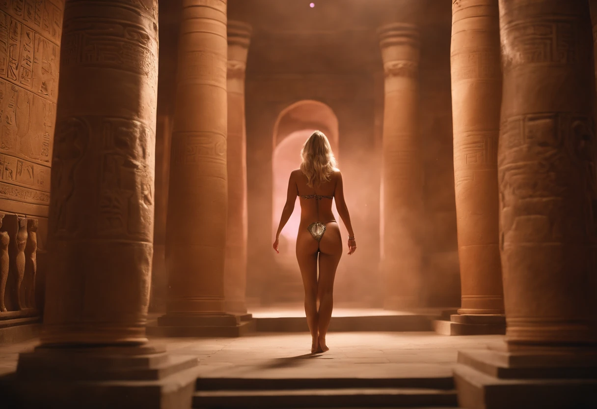 super quality, 8k, photo quality, accurate details, realistic look, blonde, fair skin, covered in smoke, no clothes, in an ancient temple. Egyptian hieroglyphs, signs of the sun and moon on the walls, large breasts and large pink nipples, buttocks extended to the observer, close-up of the vagina and anus