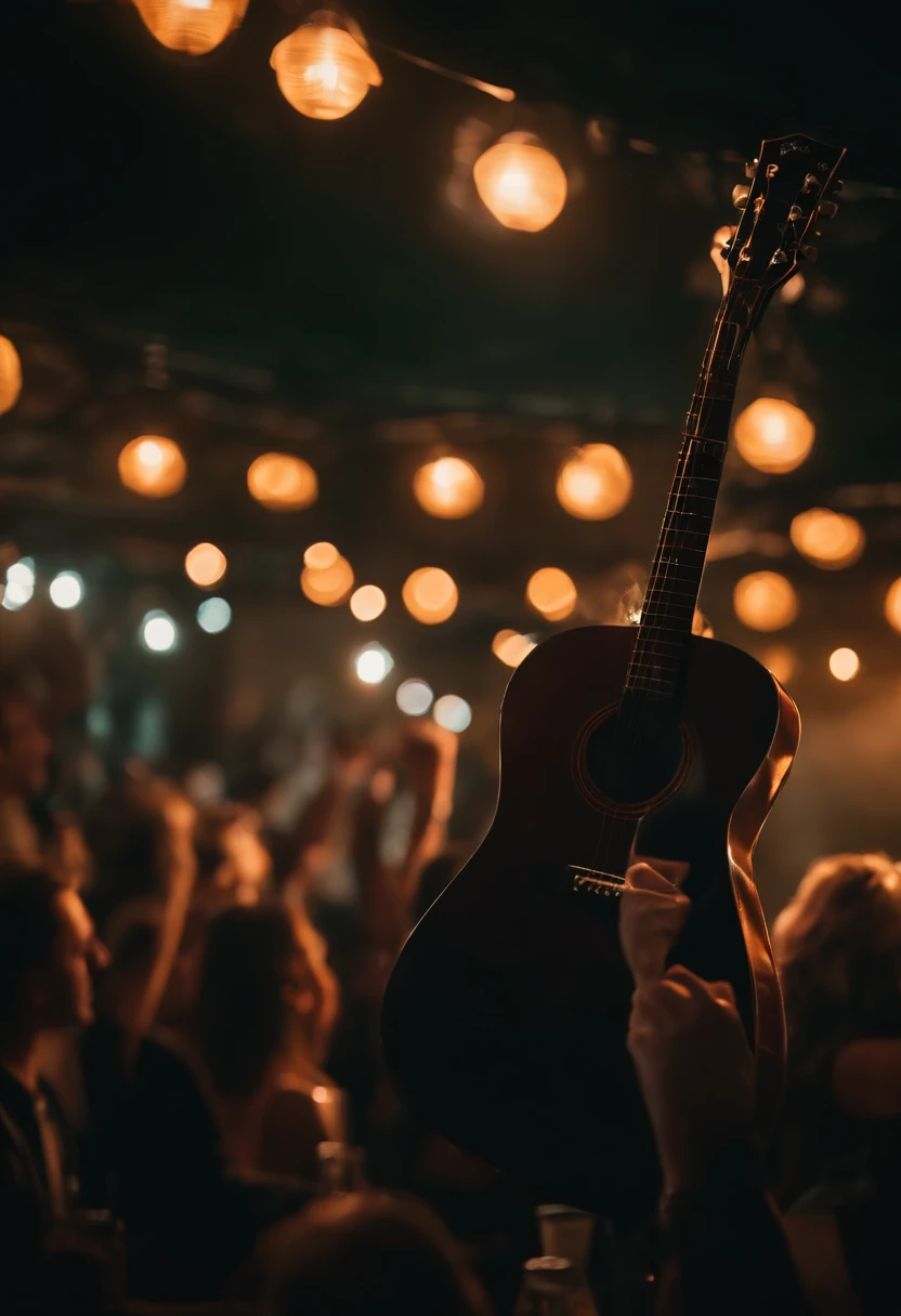 singing voice,guitar,night bar,soft lighting,decoartive lights,smoke,music notes,atmospheric,romantic,melodic,harmonious,mesmerizing,expressive,emotional,upbeat,rhythm,passionate,musician playing guitar,lively crowd,drinks on tables,vibrant atmosphere,sound waves,warm colors,beautifully painted illustrations,high resolution,bokeh effect,vivid colors,concert vibe.