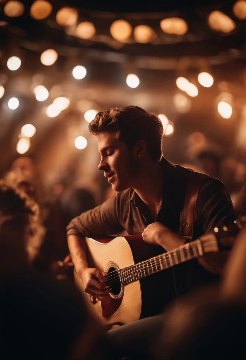 singing voice,guitar,night bar,soft lighting,decoartive lights,smoke,music notes,atmospheric,romantic,melodic,harmonious,mesmerizing,expressive,emotional,upbeat,rhythm,passionate,musician playing guitar,lively crowd,drinks on tables,vibrant atmosphere,sound waves,warm colors,beautifully painted illustrations,high resolution,bokeh effect,vivid colors,concert vibe.