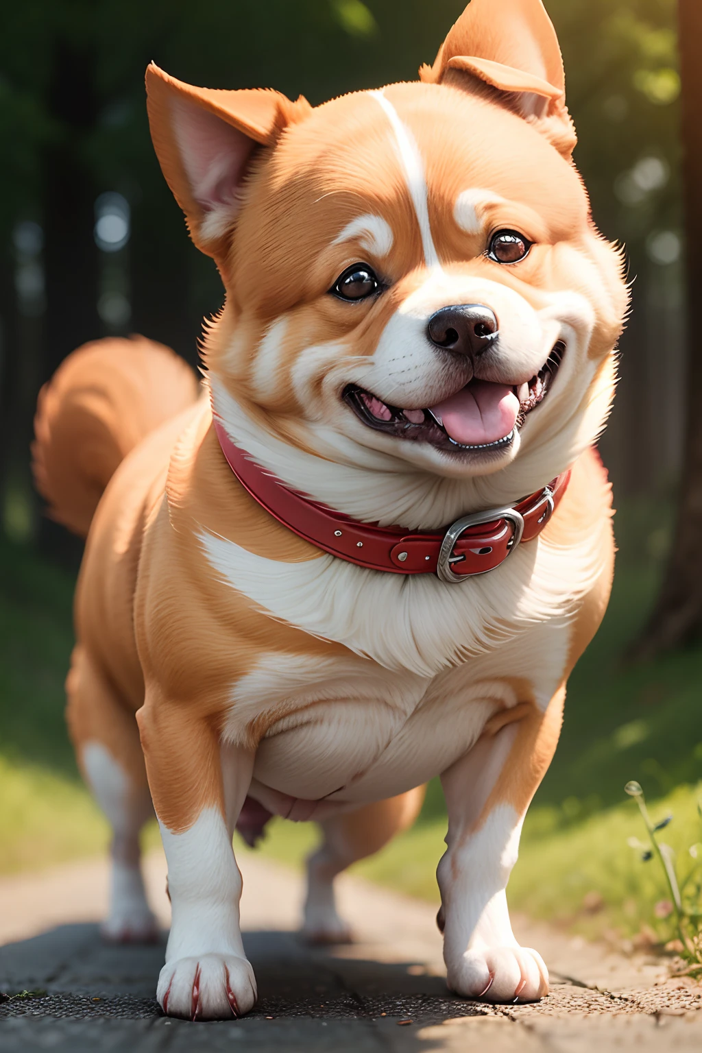 Create an image of a red-haired fat dog, with short legs, with a smiling muzzle