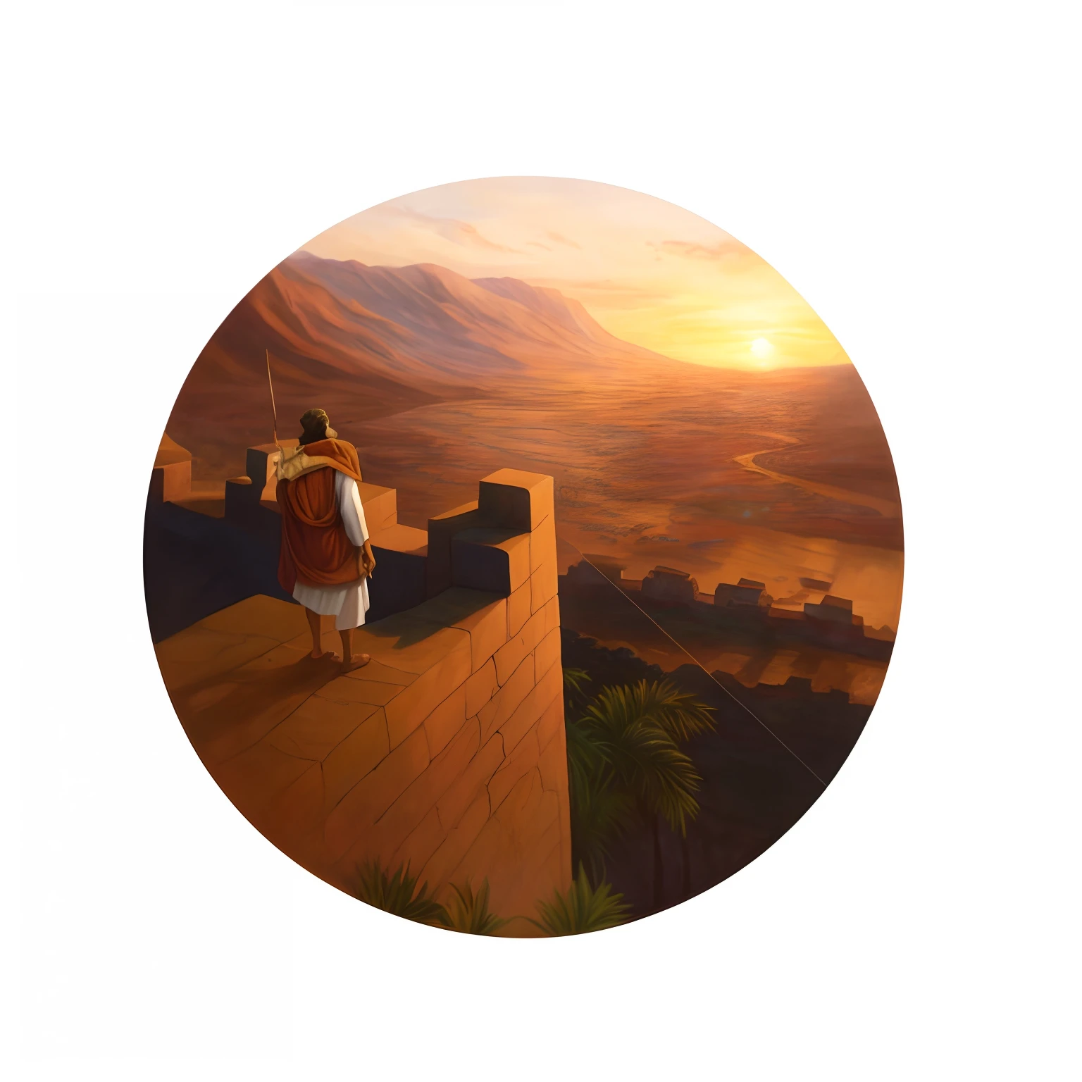 a painting of a man standing on a wall looking at a sunset, biblical painting, olhando para a frente, Imagem absolutamente excepcional, senhor, an arab standing watching over, prince of egypt, Arte Oficial, Arte em destaque, Arte Promocional, in a scenic background, rei, bible illustration, looking at sunset, biblical art, album, one of the weavers of destiny