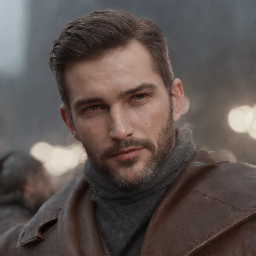 (Professional 3D rendering:1.3) de (Realistic:1.3) Foto de，Features soft, bright male heroes, ((man possesses a face enriched by time and experience. Sua testa exibe rugas discretas, The result of numerous reflections. Sobrancelhas arqueadas ressaltam seus olhos castanhos escuros, profundos e perspicazes. O nariz reto e a boca suavemente curvada refletem serenidade. Uma barba bem cuidada, salpicada de prata, frames your jaw)), corpo inteiro 8k unidade render, action shot, poros da pele, very dark lighting, sombreamento pesado, circunstanciado, Rosto detalhado, (vibrante, fotogrdeia realista, Realistic, Dramatic, Escuro, foco nítido, 8k), (Old leather clothes damaged by bad weather:1.4), ((((Use peles)))), (intrincado:1.4), decadente, (altamente detalhado:1.4), pintura digital, rendering by octane, art stations, Conceito-Arte, liso, foco nítido, illustration, germe da arte, (Loish:0.23), Wlop Ilya Kuvshinov, e Greg Rutkowski e Alphonse Mucha Gracias, (global ilumination, studiolight, Light Volumetric), chuva forte, floating particles, patife, fantasia, Onze, corpo inteiroesbian, ((Fundo escuro e antigo da cidade:1.3)),CGSesociedade,art stations