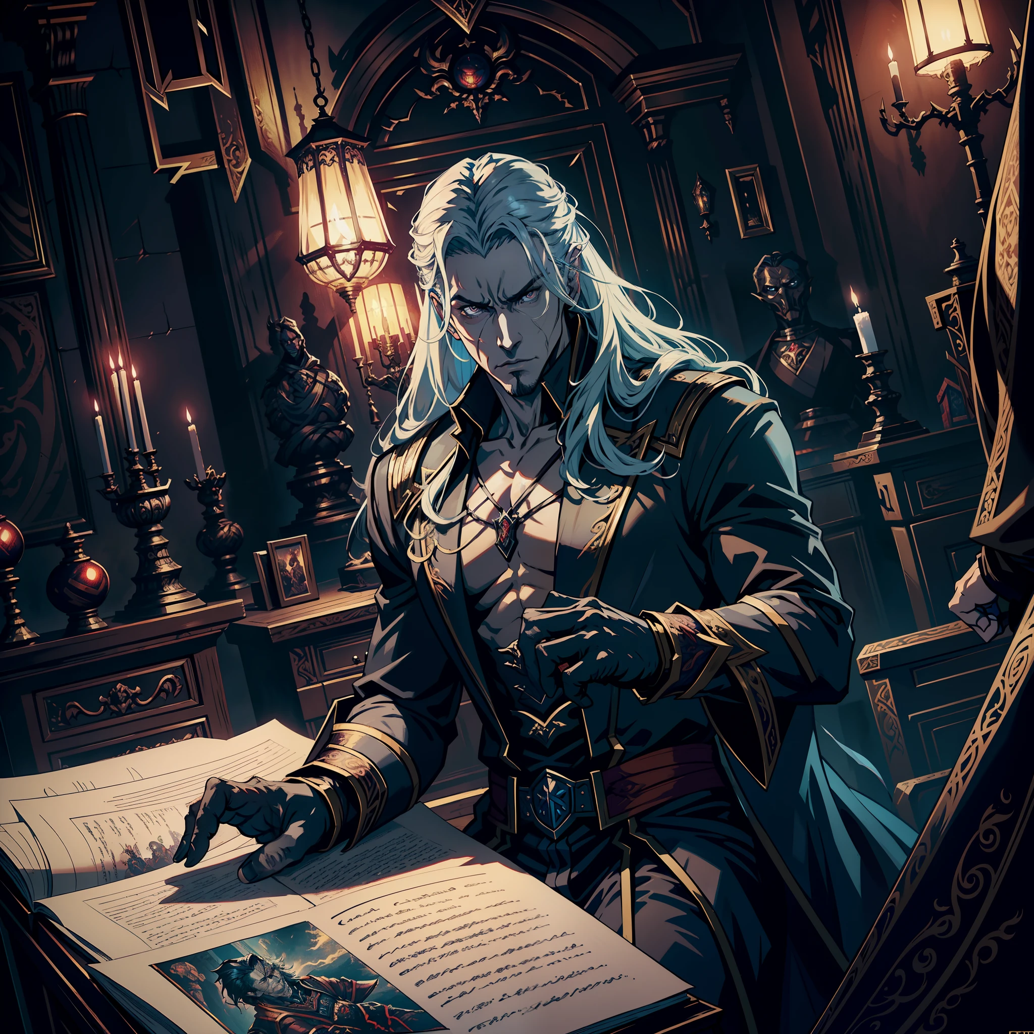 Castlevania Lord of the Shadows hyper realistic super detailed Dynamic shot masterpiece cinematic scene scenes movie Epic Legendary Lord Dracula sitting in his big desk writing his story on the old demon scrolls behind him hyper realistic scenes super detailed super detailed anatomy correct proportions correct anatomy correct poses mortal Kombat style hyper realistic super detailed Dynamic shots