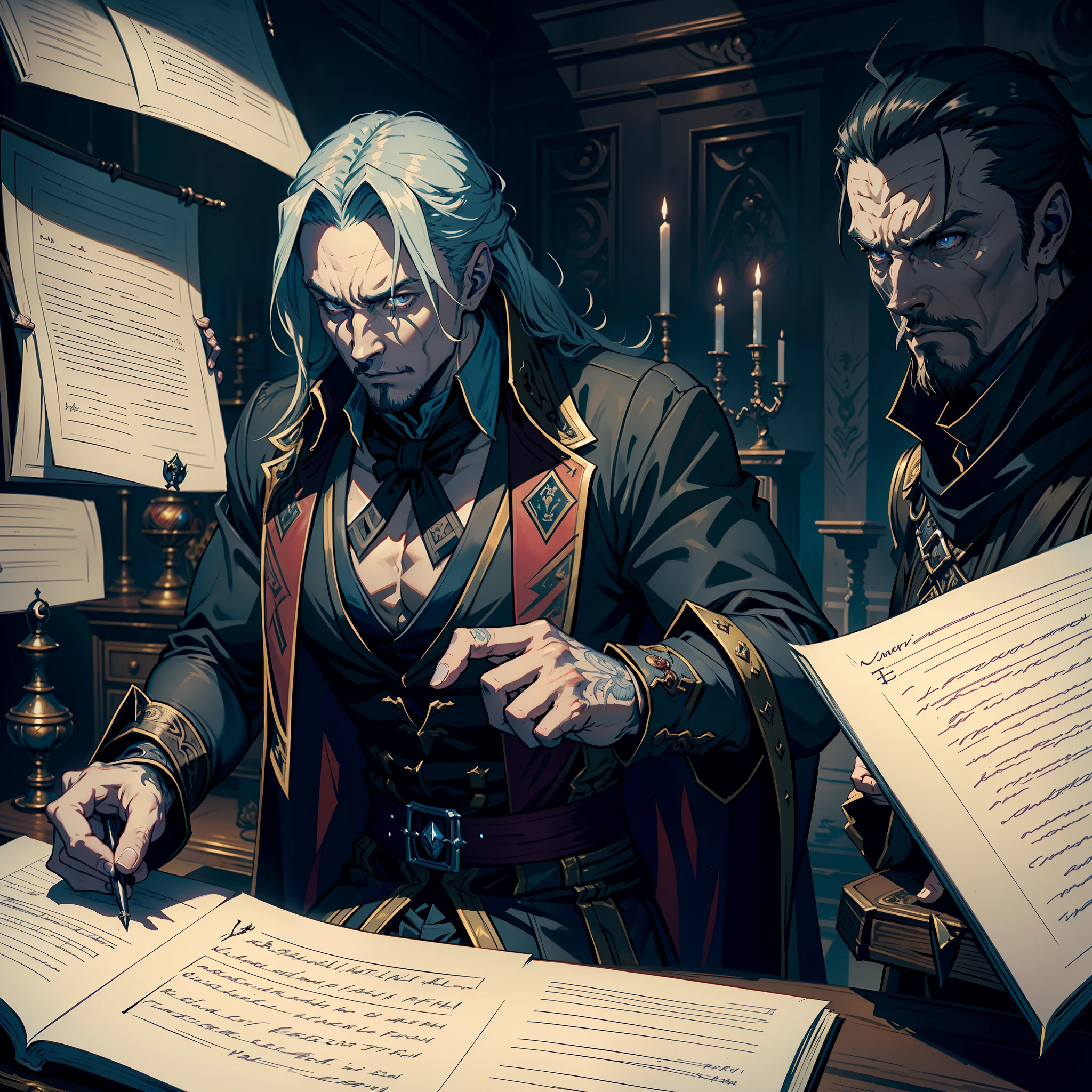 Castlevania Lord of the Shadows hyper realistic super detailed Dynamic shot masterpiece cinematic scene scenes movie Epic Legendary Lord Dracula sitting in his big desk writing his story on the old demon scrolls behind him hyper realistic scenes super detailed super detailed anatomy correct proportions correct anatomy correct poses mortal Kombat style hyper realistic super detailed Dynamic shots