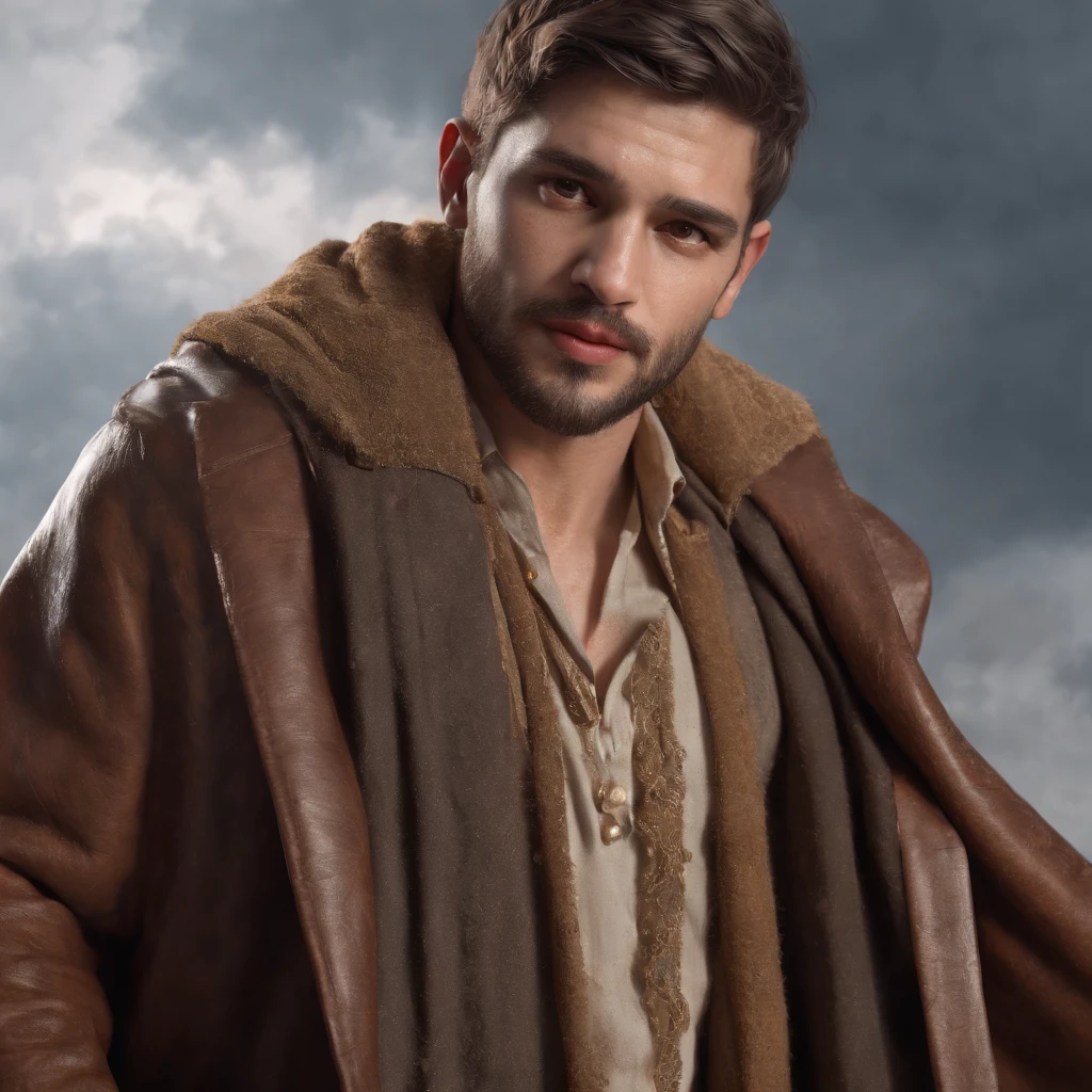 (Professional 3D rendering:1.3) de (Realistic:1.3) Foto maulana sa'ad alkandahlawi,Features soft, bright male heroes, ((man possesses a face enriched by time and experience. Sua testa exibe rugas discretas, The result of numerous reflections. Sobrancelhas arqueadas ressaltam seus olhos castanhos escuros, profundos e perspicazes. O nariz reto e a boca suavemente curvada refletem serenidade. Uma barba bem cuidada, salpicada de prata, frames your jaw)), corpo inteiro 8k unidade render, action shot, poros da pele, very dark lighting, sombreamento pesado, circunstanciado, Rosto detalhado, (vibrante, fotogrdeia realista, Realistic, Dramatic, Escuro, foco nítido, 8k), (Old leather clothes damaged by bad weather:1.4), ((((Use peles)))), (intrincado:1.4), decadente, (altamente detalhado:1.4), pintura digital, rendering by octane, art stations, Conceito-Arte, liso, foco nítido, illustration, germe da arte, (Loish:0.23), Wlop Ilya Kuvshinov, e Greg Rutkowski e Alphonse Mucha Gracias, (global ilumination, studiolight, Light Volumetric), chuva forte, floating particles, patife, fantasia, Onze, corpo inteiroesbian, ((Fundo escuro e antigo da cidade:1.3)),CGSesociedade,art stations
