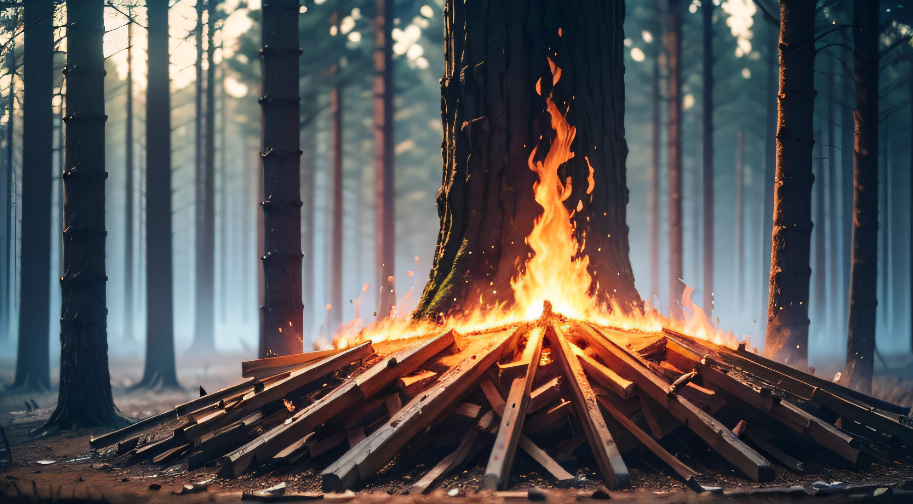 a burning bed-shaped pile of woods. people sourrounding that burning pile