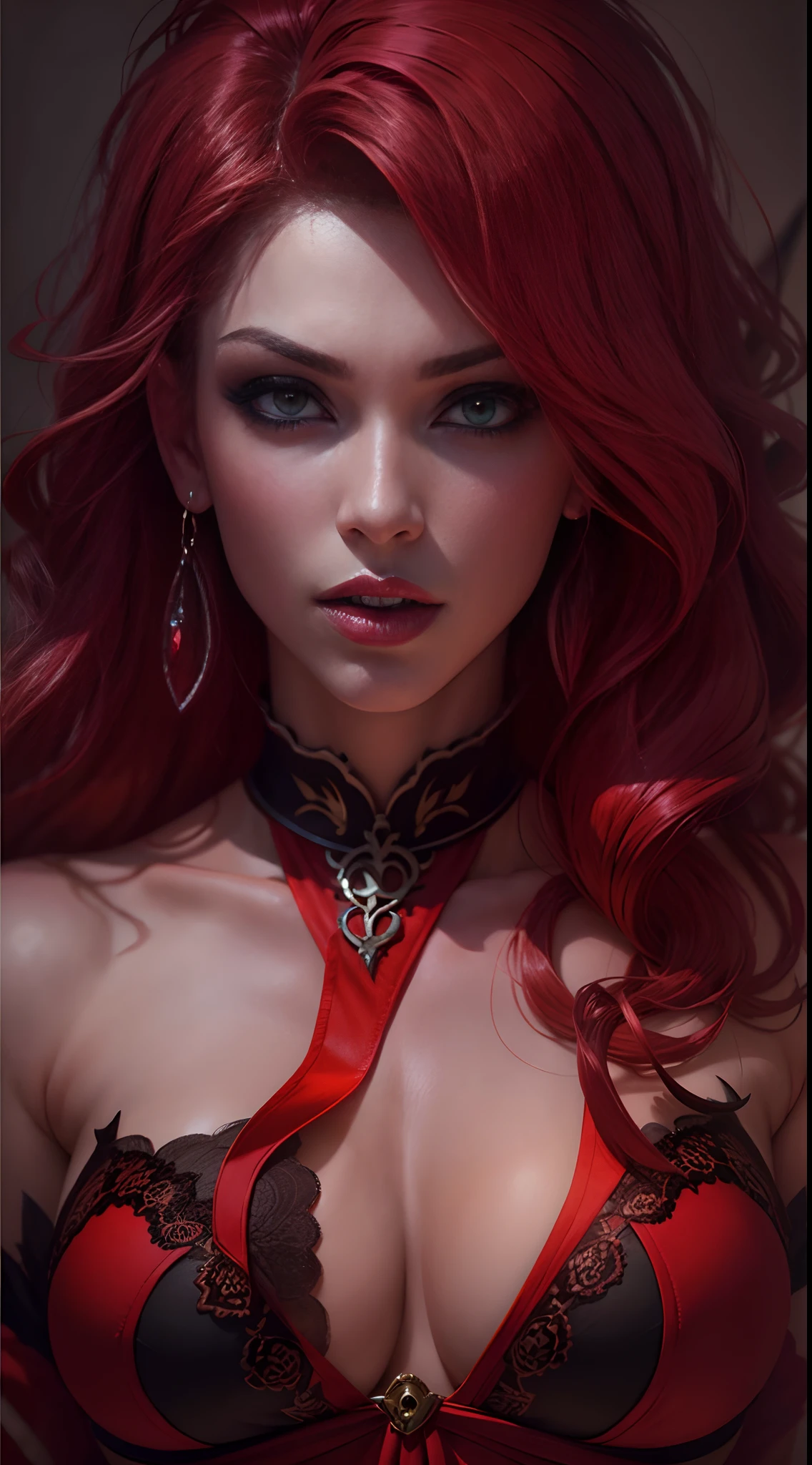 1 , succubus, cabelo chanel, cabelo vermelho, ruiva, lingerie preto e vermelho, castlevania, 30 anos, espartilho sensual, vestido cropped, aparecendo o corpo, very sharp image, 8K, beautiful face, beautiful body, very beautiful clothes, alluring