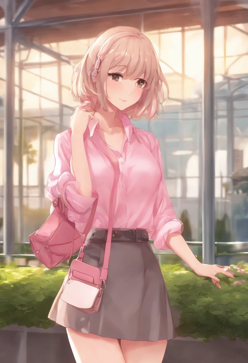 Anime girl in pink shirt and pink purse holding a cell phone, seductora chica de anime, Anime Moe Artstyle, Atractiva chica de anime, (Chica anime), Chica anime, [ Arte digital 4K ]!!, Estilo anime Ecchi, linda chica de anime, Ecchi, Chica bonita de anime, Una chica de anime, OPPAI, Arte de anime digital!!, oc commission, pose casual, chizuru mizuhara