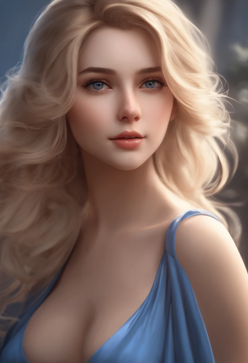 femme blonde aux cheveux longs et robe bleue posant pour une photo, realistic anime art style, photorealistic anime girl render, Smooth anime CG Art, anime realism style, realistic artstyle, Realistic anime girl, gorgeous digital painting, realistic anime 3 d style, beautiful anime portrait, realistic anime art style, Portrait de personnage en gros plan, 3 d anime realistic, Portrait de style anime