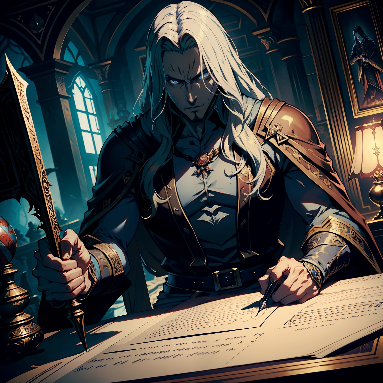 Castlevania Lord of the Shadows hyper realistic super detailed Dynamic shot masterpiece cinematic scene scenes movie Epic Legendary Lord Dracula sitting in his great legendary desk writing his story on the old demon scrolls behind him hyper realistic scenes super detailed anatomy super detailed correct proportions correct anatomy correct poses style Kombat hyper realistic super detailed Dynamic shots