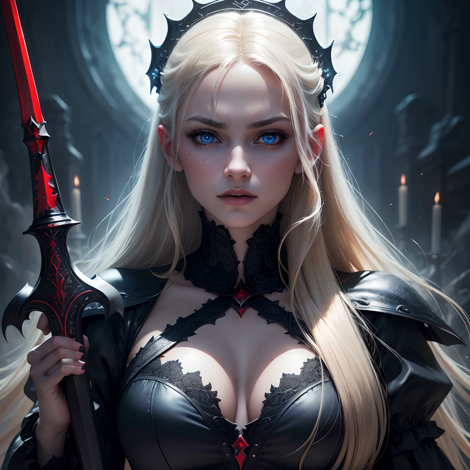 (best quality,highres,ultra-detailed:1.2),realistic,portrait,vampire queen,blue eyes,blonde hair,black dress with red details,holding a sword,haunting atmosphere,dark and mysterious,ethereal beauty,vivid colors,studio lighting,lush background scenery