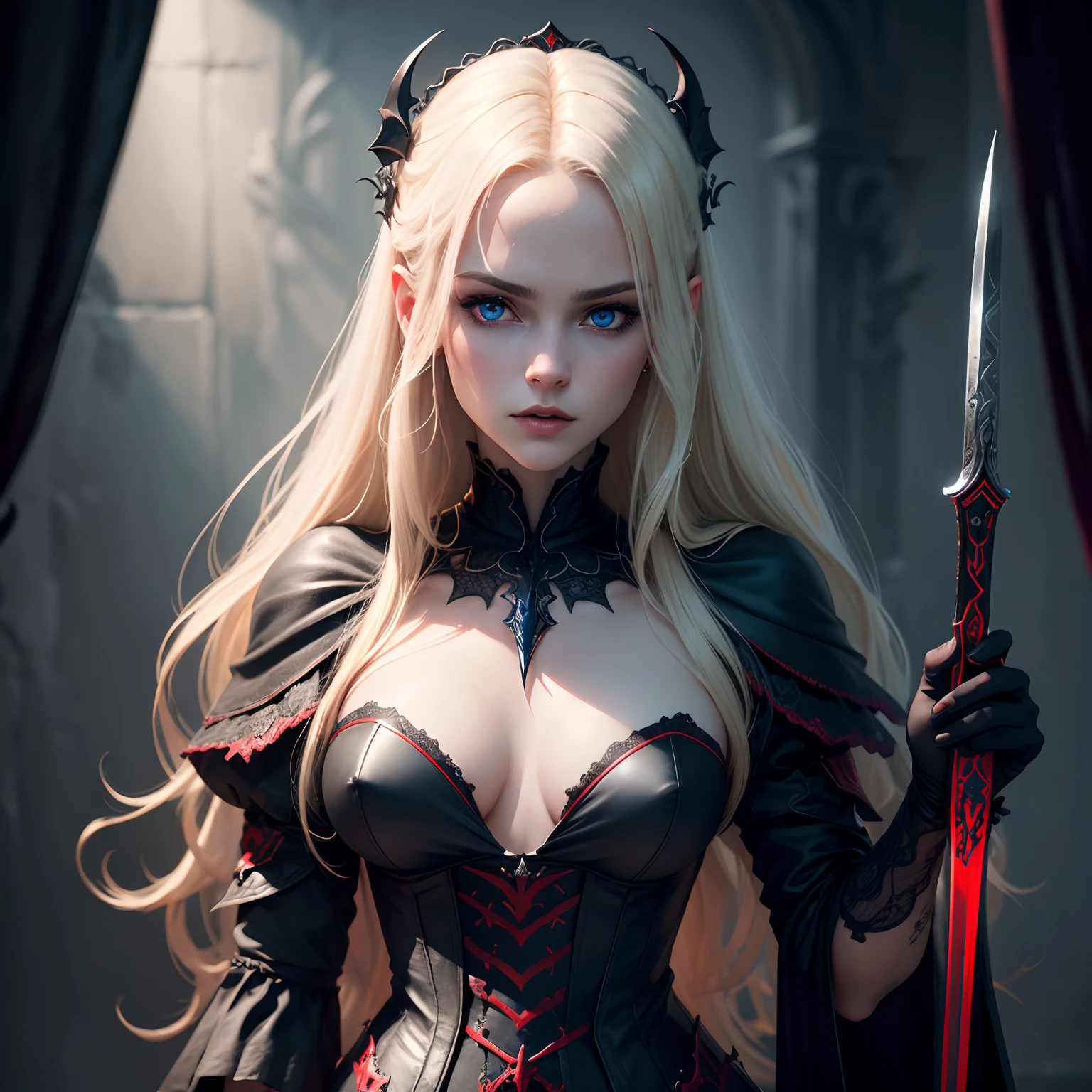 (best quality,highres,ultra-detailed:1.2),realistic,portrait,vampire queen,blue eyes,blonde hair,black dress with red details,holding a sword,haunting atmosphere,dark and mysterious,ethereal beauty,vivid colors,studio lighting,lush background scenery