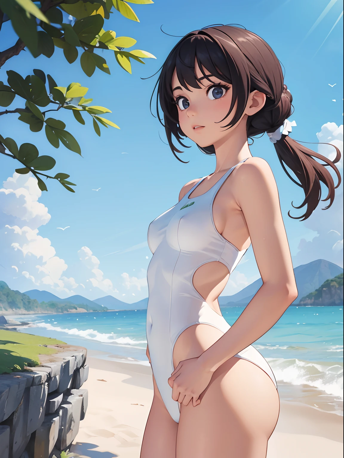 obra-prima, Planta com folhas brancas, 1girl wearing a white swimsuit, corpo inteiro, coxas grossas, with a beautiful landscape behind, 4k, ((best resolution)), ((melhor qualidade)).