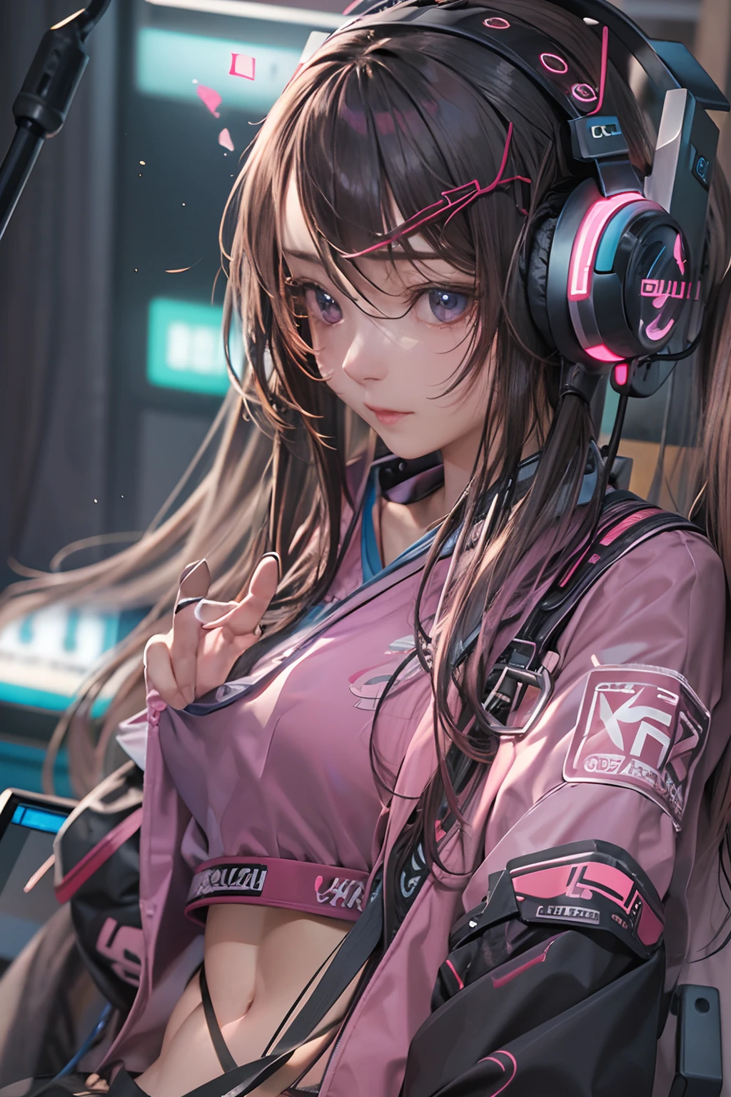 masterpiece, 1 beautiful girl, Detailed eye, Swollen eyes, top-quality, 超A high resolution, (reality: 1.4), 电影灯光, japanes, a asian beauty, very extremely beautiful, Beautiful skins, A slender, Forward-facing body, (A hyper-realistic), (hight resolution), (8K), (ighly detailed), ( Best Illustration), (beautifully detailed eyes), (ultra-detailliert), 详细的脸, Bright lighting, Professional Lighting、The background is a cyberpunk room with many monitors....、The cord is connected from the costume、Hair color is pink twin tails、headset on head、small tattoo on face、Female DJ