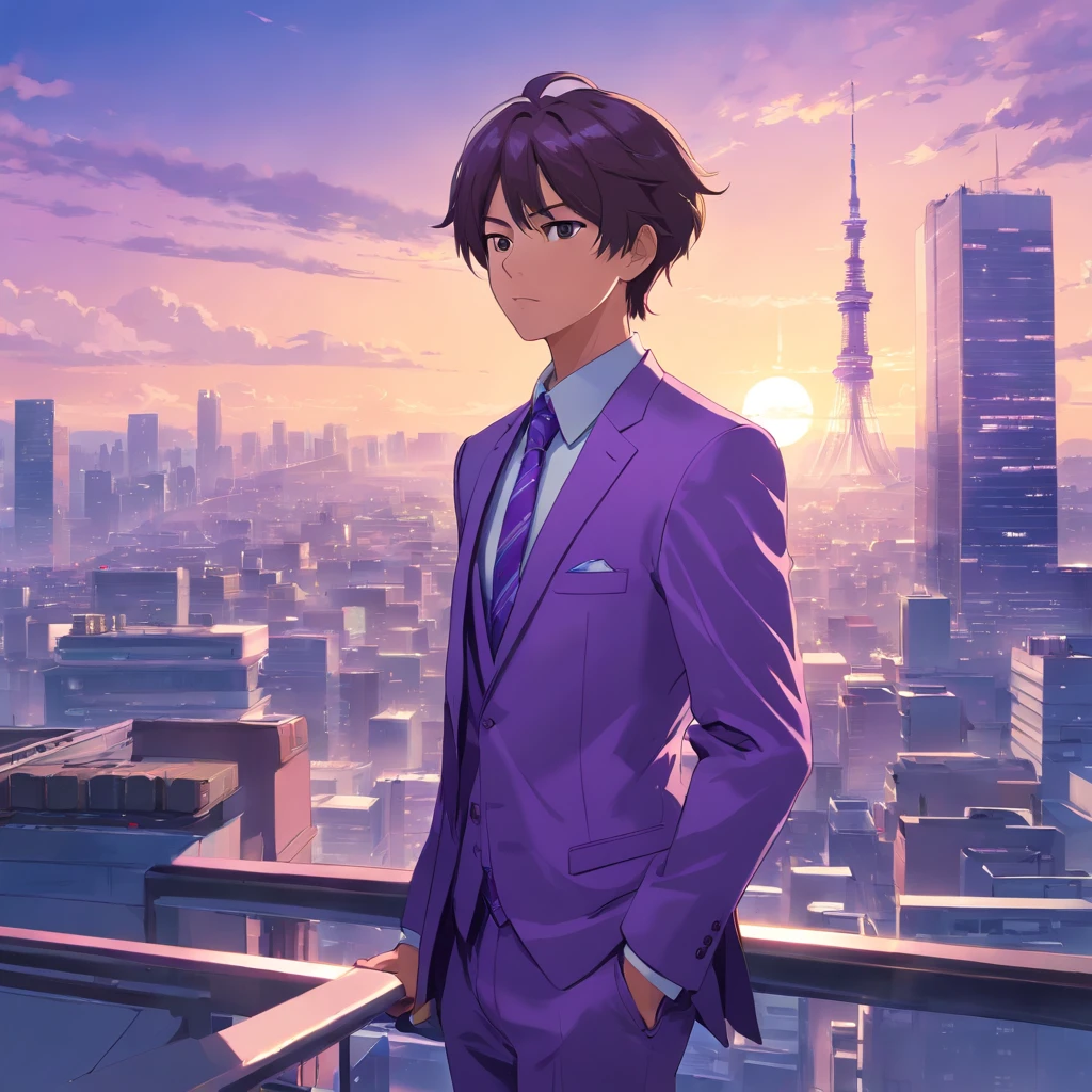 one man, white and purple, formal, suit and tie, 2077 city, two katanas, rooftop, unbeatable masterpiece, 4k resolution