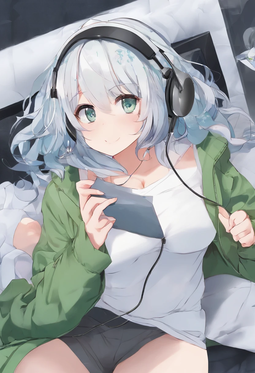 Master, high quality, ((best quality)), beautiful, HD, perfect lighting, (detailed face), (detailed body), ((1girl)), ((solo)), (((chubby))), ((fat)), ((tummy bulge)), ((((big belly)))), plump, belly, she has gained weight, modern house, kitchen, (stretched out belly), ((full belly)), (((bloated))), she is bottom-heavy, short pink hair, (fluffy hair), blue eye, confident smile, smug, green jacket, grey shorts, transparent thigh highs, brown boots, grey finger-less gloves, headphones, green beanie, glasses, white t shirt