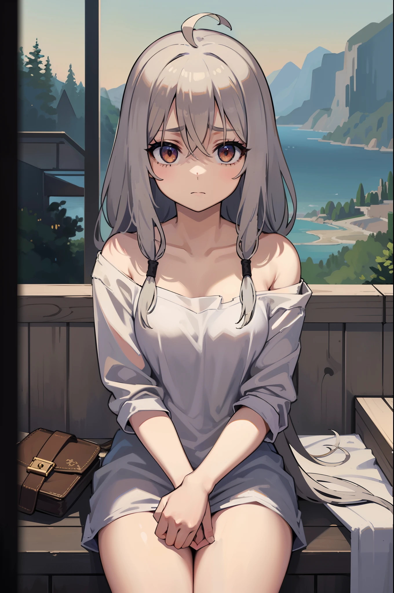 1girl, solo,  girl, peti light gray hair, straight hair, ahoge, (very long hair), long bangs, hair between eyes, red eyes, eyes highlights, ((bags under eyes)), shaded face, depressed, neutral, inexpressive, small breasts, shirt, oversized shirt, bottomless, upper body, looking at viewer, sitting, mona lisa, impressionism, featured on Pixiv, masterpiece, best quality, 8k