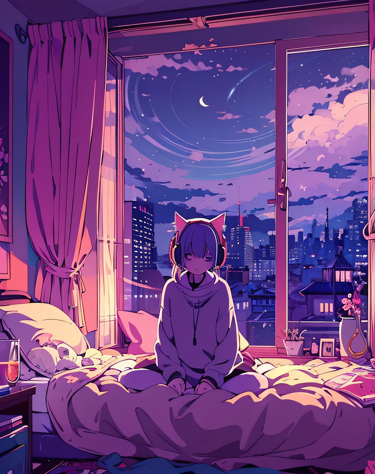 A detailed anime girl, wearing a large sweater, wearing headband headphones, lofi, tranquil, quiet vibes, chilling, in her bedroom looking at the window, night, quiet night, cat, masterpiece, best quality