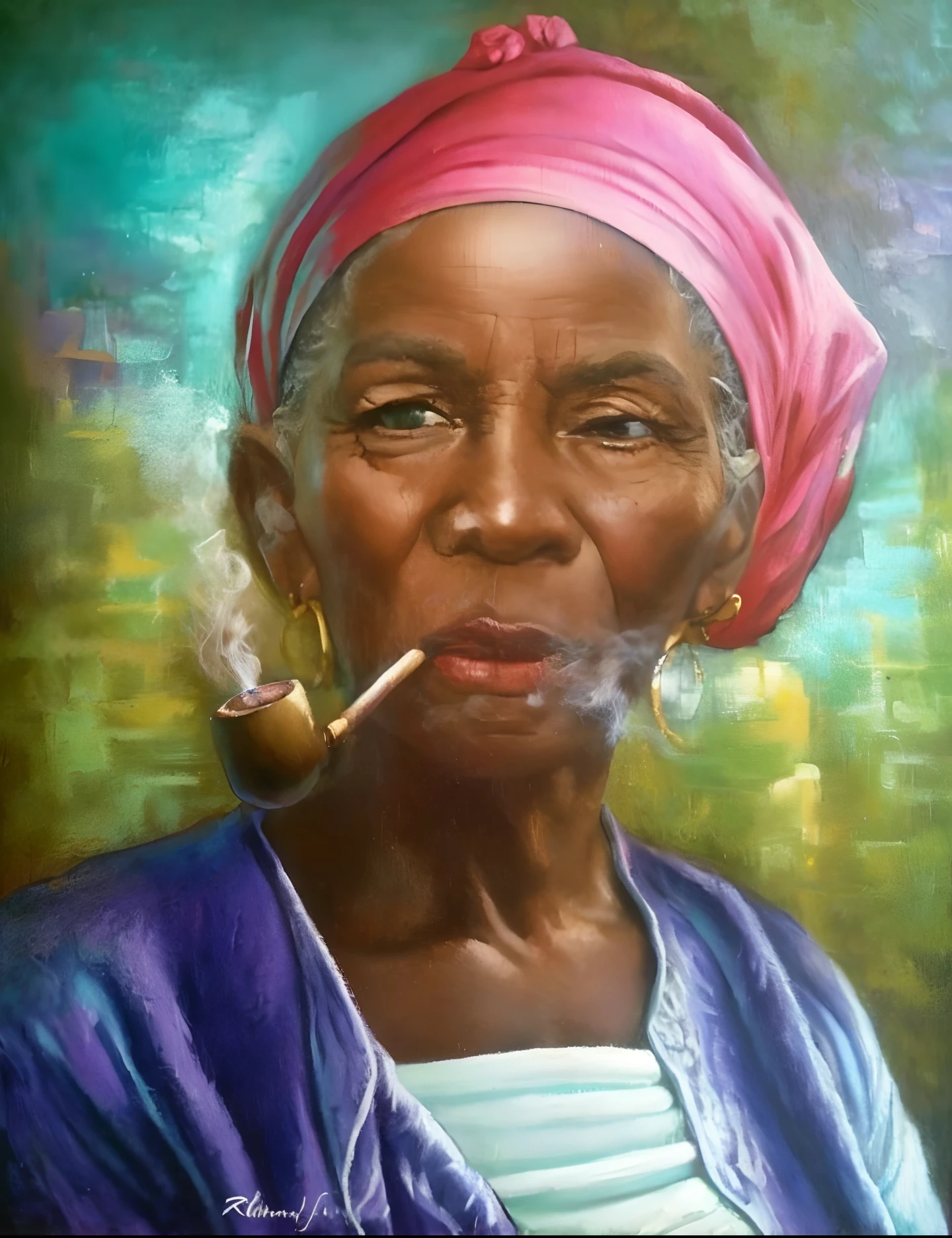 Extremely perfect cinematic humanized hyperrealistic image of a woman smoking a pipe with a pink turban, Directed by: Willian Murai, arte raggae, arte linda, Directed by: Chinwe Chukwuogo-Roy, Directed by: Herbert MacNair, painted in oil colours, arte tradicional, artista desconhecido, awesome art, oil panting, arte em pastel, Directed by: Tony Sart, obras de arte impressionantes, old woman, arte bonita