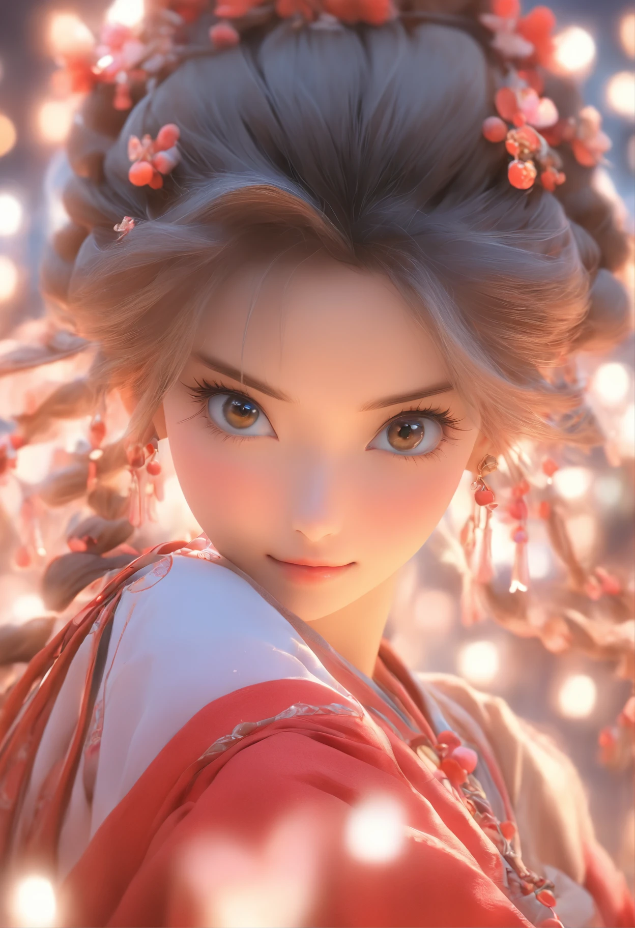 Best quality, Masterpiece, A high resolution, 1girll,Blush,(Seductive smile:0.8),Star-shaped pupils,China Hanfu,hair adornments,necklace, jewelry,Beautiful face,after sexing_Body, Tyndall effect,Photorealistic, Dark Studio, rim lit, twotonelighting,(highdetailskin:1.2), 8K, Ultra HD, Digital SLR, Soft lighting, High quality, voluminetric lighting, candid, photographed, high resolution, 4K, 8K, Bokeh.