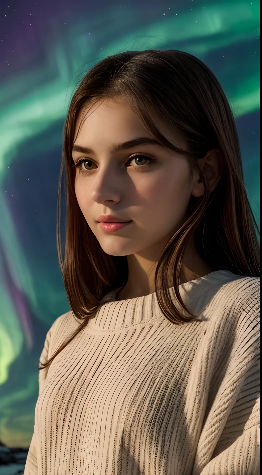 woman, modern baggy outfit, A breathtaking aurora borealis display over a snow-covered landscape, high detail, celestial, natural wonder, [RAW PHOTO, Masterpiece, 8k, cinematic shot, ultra wide angle full body shot, high quality camera, there is a girl standing and looking happy and exciting in the NORTHERN lights region],(((Location : NORTHERN lights))), [Face Description : ((cute girl, with oval face and symmetrical face structure, big eyes, Hazal eye color, almond shape eyes, straight and balanced nose, soft wavy (brown hair) ,heart-shaped lips, perfect eyebrows, perfect ears, light pale soft skin, pale white skin, pink natural lips, seductive expressions, vibrant light, ultra cute and sexy girl, 22 years old, cute face))]