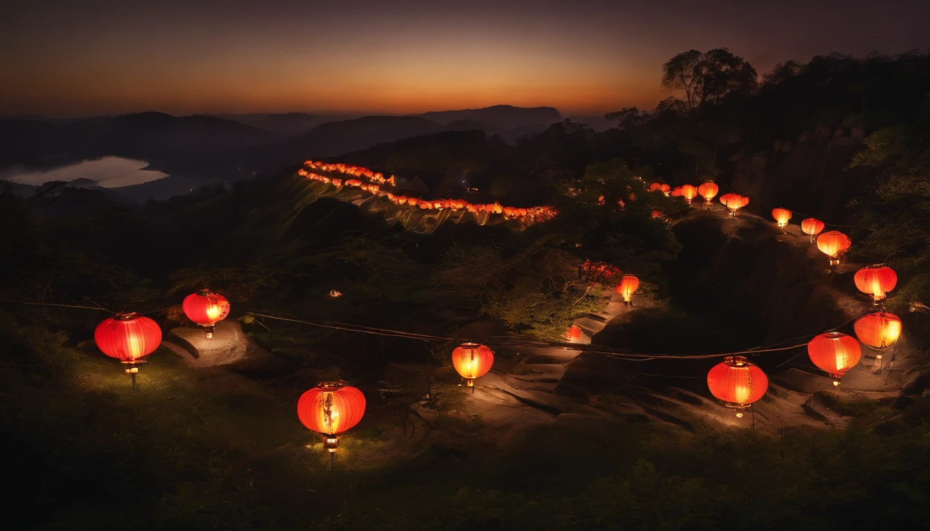 Imagine a top view of a Japanese village at night, with the iconic Starry Night style of Van Gogh. The focal point of the composition is a beautiful halo of light, ( ( Top view, high angle view, Focal point composition) ) van gogh starry night style, nightscape, nightscene, night lanterns, japanese village, Sunset Gradient, moonlit night, halo, Ancient japanese shrines architecture, waterfall lanterns and sky lanterns floating in the air, illuminated silouette clouds