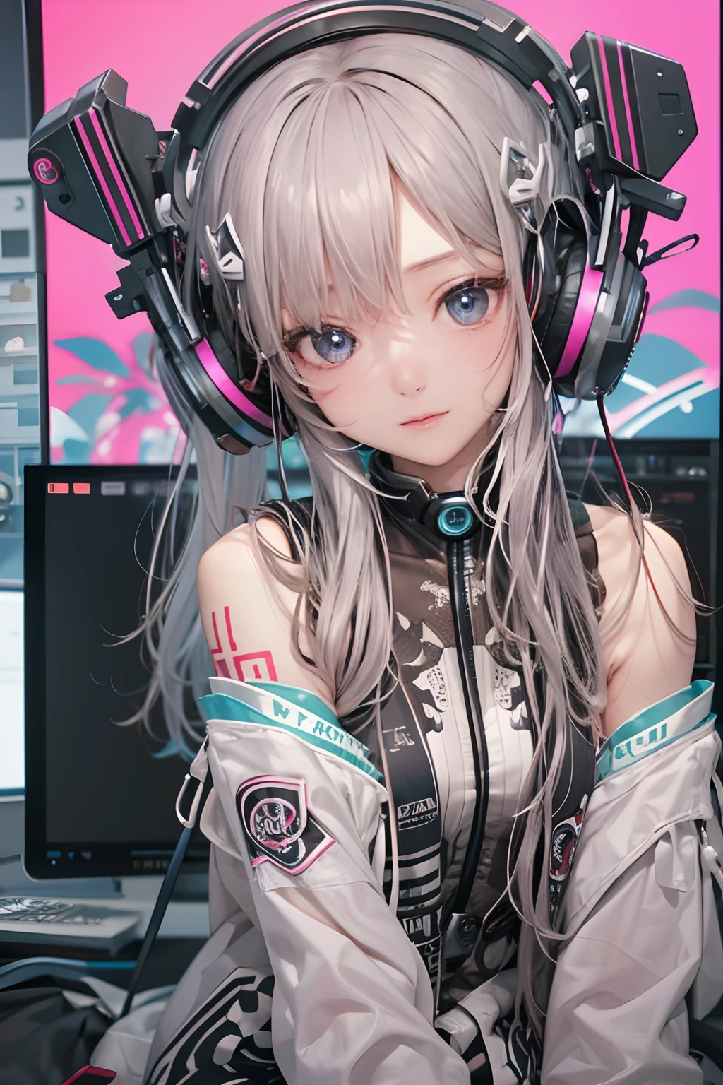 masterpiece, 1 beautiful girl, Detailed eye, Swollen eyes, top-quality, 超A high resolution, (reality: 1.4), 电影灯光, japanes, a asian beauty, very extremely beautiful, Beautiful skins, A slender, Forward-facing body, (A hyper-realistic), (hight resolution), (8K), (ighly detailed), ( Best Illustration), (beautifully detailed eyes), (ultra-detailliert), 详细的脸, Bright lighting, Professional Lighting、The background is a cyberpunk room with a large number of monitors.....、The cord is connected from the costume、Hair color is pink twin tails、headset on head、small tattoo on face、Female DJ