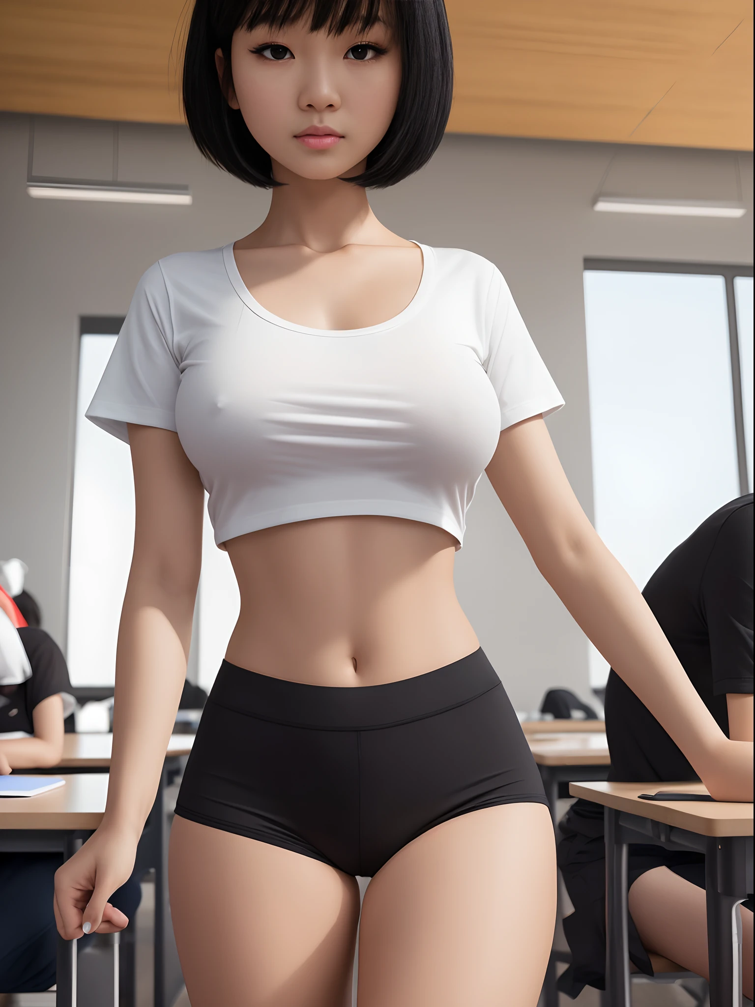 sharp image, detailed image, 8K ultra hd, masterpiece, beautiful girl, asian, white t-shirt, black pants, short black hair, underpants, white skin, small nipples , in the classroom, alone, close-up
