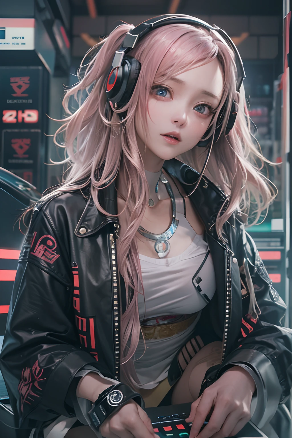 masterpiece, 1 beautiful girl, Detailed eye, Swollen eyes, top-quality, 超A high resolution, (reality: 1.4), 电影灯光, japanes, a asian beauty, very extremely beautiful, Beautiful skins, A slender, Forward-facing body, (A hyper-realistic), (hight resolution), (8K), (ighly detailed), ( Best Illustration), (beautifully detailed eyes), (ultra-detailliert), 详细的脸, Bright lighting, Professional Lighting、The background is a cyberpunk room with a large number of monitors......、The cord is connected from the costume、Long Hair Color Pink、headset on head、small tattoo on face、Female DJ、gazing at viewer