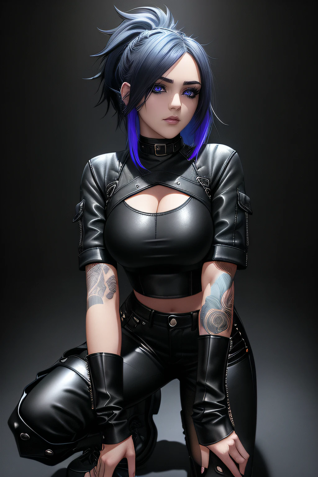 25-Year-Old Woman, short bright neon streaked black hair, (seductive pose:1.2), black eyeshadow, (lace underwear:1.4), (high heel leather boots), (dark city night black background:1.4), Serious Face, Realistic Face Resolution, Realistic, Object Resolution
