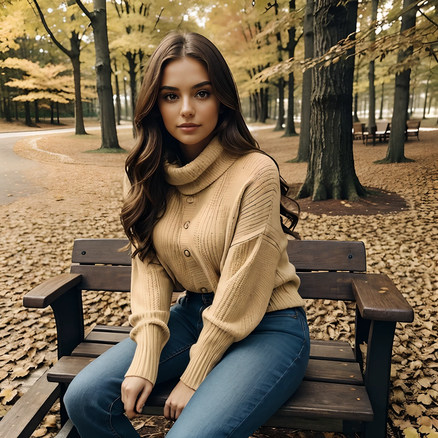 Generate full-body photography of Autumn, the stunning brunette influencer. She should appear in her mid-20s, approximately 5'4" tall, with long, wavy chestnut hair that falls gracefully on her shoulders. She has an athletic hourglass figure accentuated by her full bust. Her complexion should be flawless, with a warm, sun-kissed tan. Autumn's expressive brown eyes should radiate charisma, and she should have a relaxed and confident demeanor.Autumn is dressed in a stylish fall outfit. She wears a cozy, oversized sweater in earthy tones that complement the changing leaves. Her jeans fit comfortably, and she's sporting fashionable ankle boots suitable for walking among the fallen leaves. A matching scarf adds a touch of warmth and sophistication.Place Autumn in a picturesque autumn forest setting. Surround her with vibrant fall foliage, including red, orange, and yellow leaves. The background should showcase the beauty of the season, with trees and a gentle breeze rustling the leaves.For poses, capture Autumn in relaxed and natural positions. She can be seen strolling through the forest, admiring the foliage, or sitting on a rustic bench, enjoying the serene atmosphere. Encourage her to engage with the environment by collecting leaves or simply reveling in the beauty of autumn.Ensure the image conveys the essence of a peaceful and elegant fall day, emphasizing Autumn's connection with nature and the changing seasons