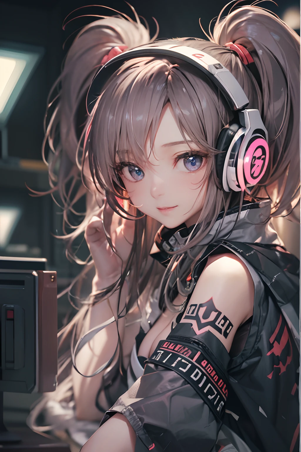 masterpiece, 1 beautiful girl, Detailed eye, Swollen eyes, top-quality, 超A high resolution, (reality: 1.4), 电影灯光, japanes, a asian beauty, very extremely beautiful, Beautiful skins, A slender, Forward-facing body, (A hyper-realistic), (hight resolution), (8K), (ighly detailed), ( Best Illustration), (beautifully detailed eyes), (ultra-detailliert), 详细的脸, Bright lighting, Professional Lighting、The background is a cyberpunk room with a large number of monitors.....、The cord is connected from the costume、Hair color is pink twin tails、headset on head、small tattoo on face、Female DJ