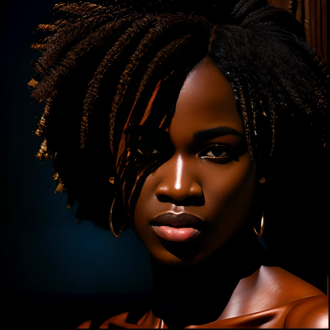 (Masterpiece, premier quality, Ultra detailed CG) 1 femme, beau, Afrique, shaved cut, dark brown skin, tribu afrique, Low light Alex Ross:1.3