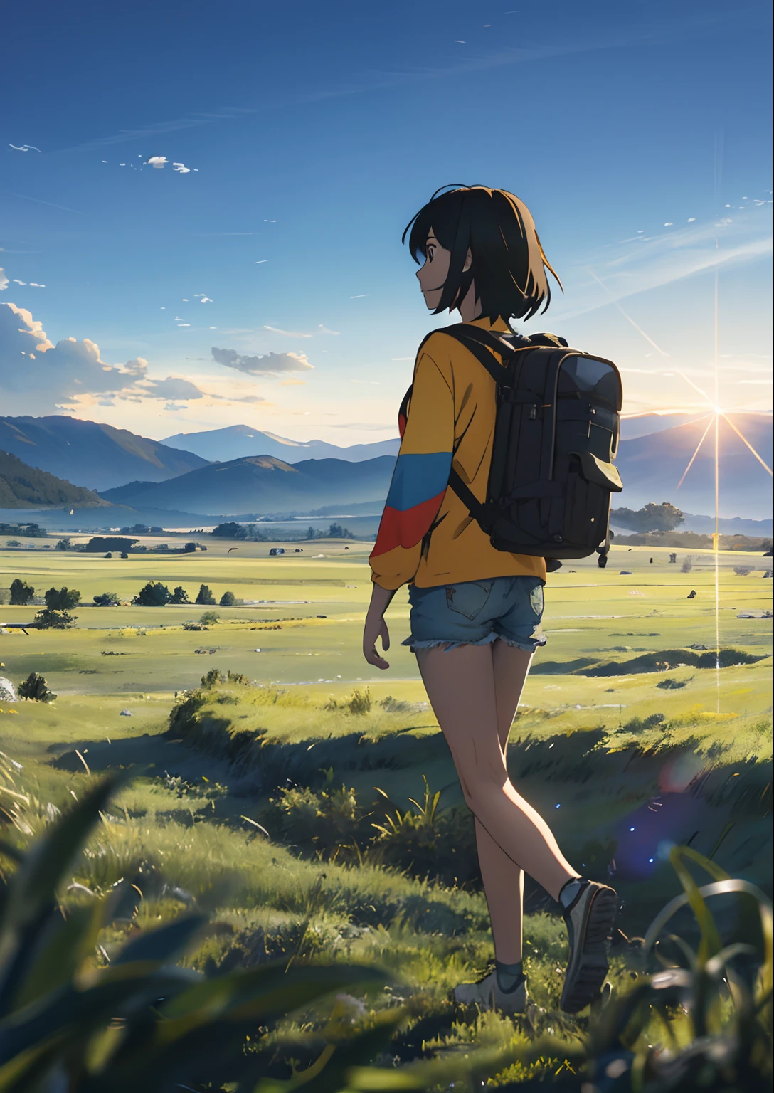 The vast sky, large grasslands, moving visual effects, colorful natural light, and a girl wearing a long-sleeved top and shorts with a backpack can be faintly seen in the distance in the middle of the meadow.