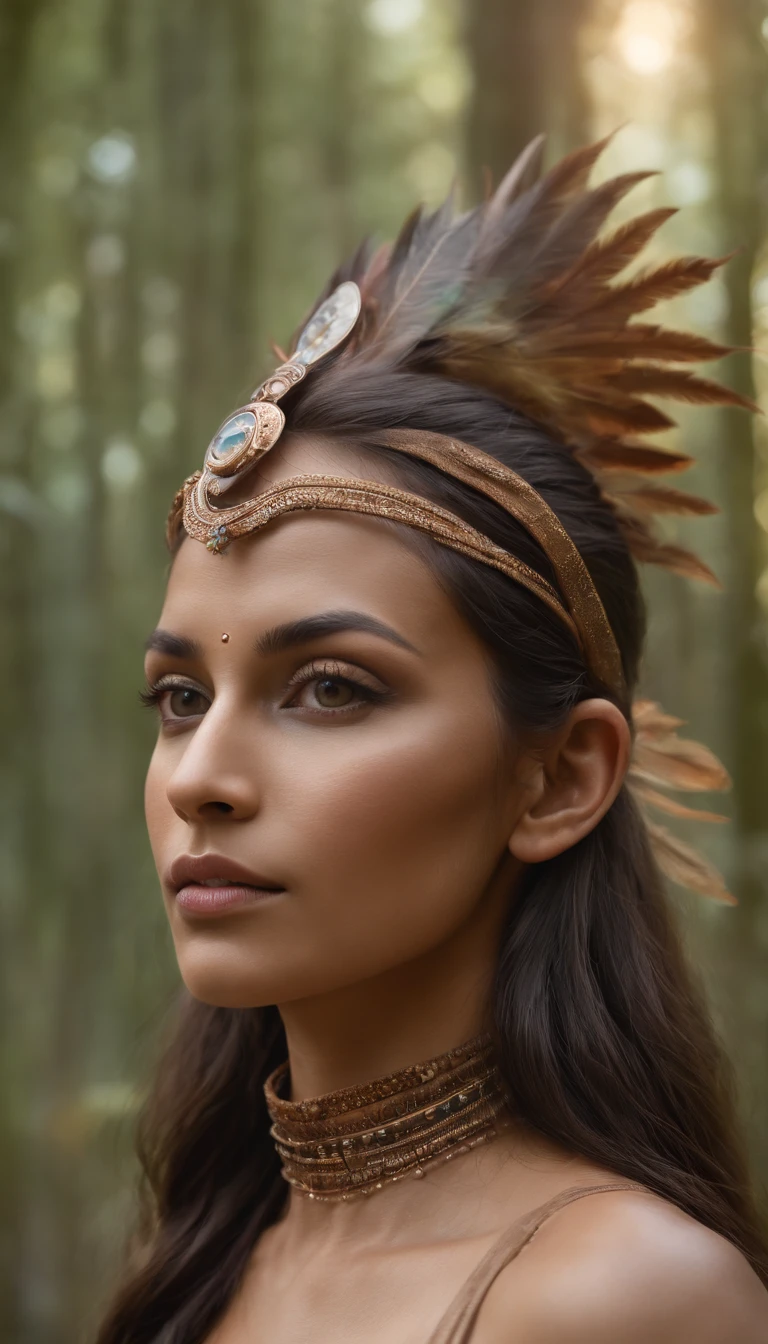 La mejor calidad ,Obra maestra multicolor, ultra-high-resolution, (realistic photograph:1.4),Skin Brown Beautiful Goddess Humanoid Cybernetic Indian Model ,surrealismo, Similar to a dream, FusionArt, Humanoid Indian Mystic Elves, Ethereal Magic Elves , Dream of humanoid elves , Cybernetic magic, Tono de sombra, Hechizos de elfo, Cristales, Detalles asombrosos, Indigenous Futurism