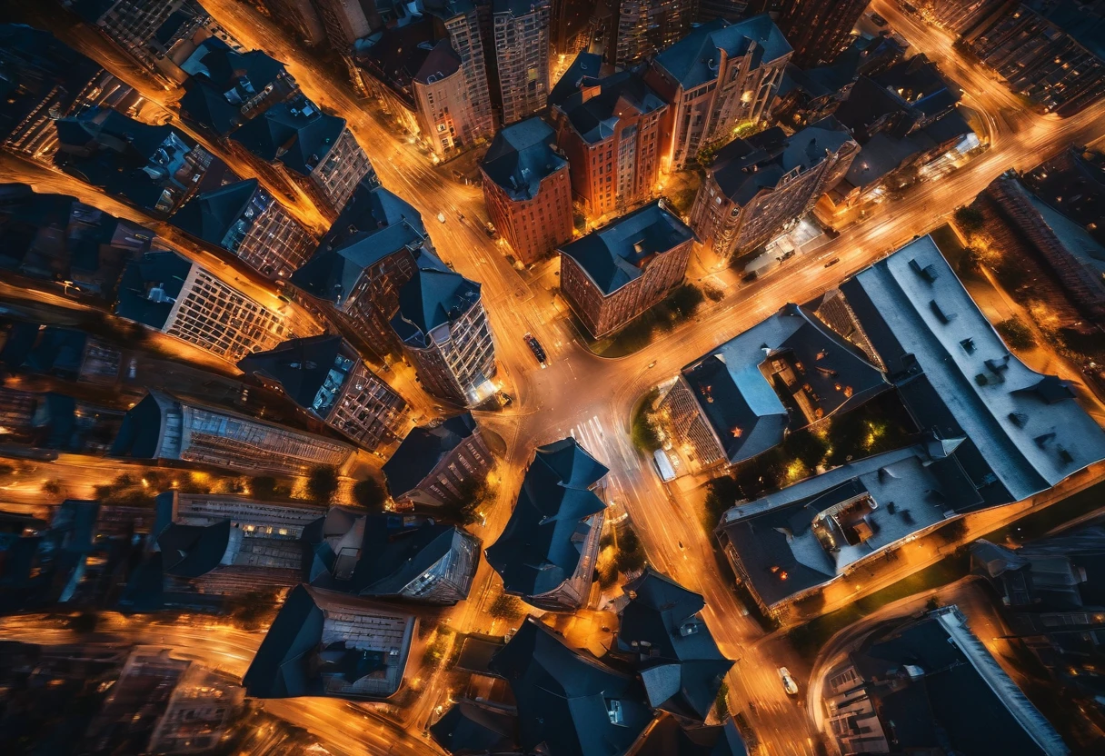 Sky view of a city with several buildings and houses. Noite, image high resolution, vivid colors, profesional lighting