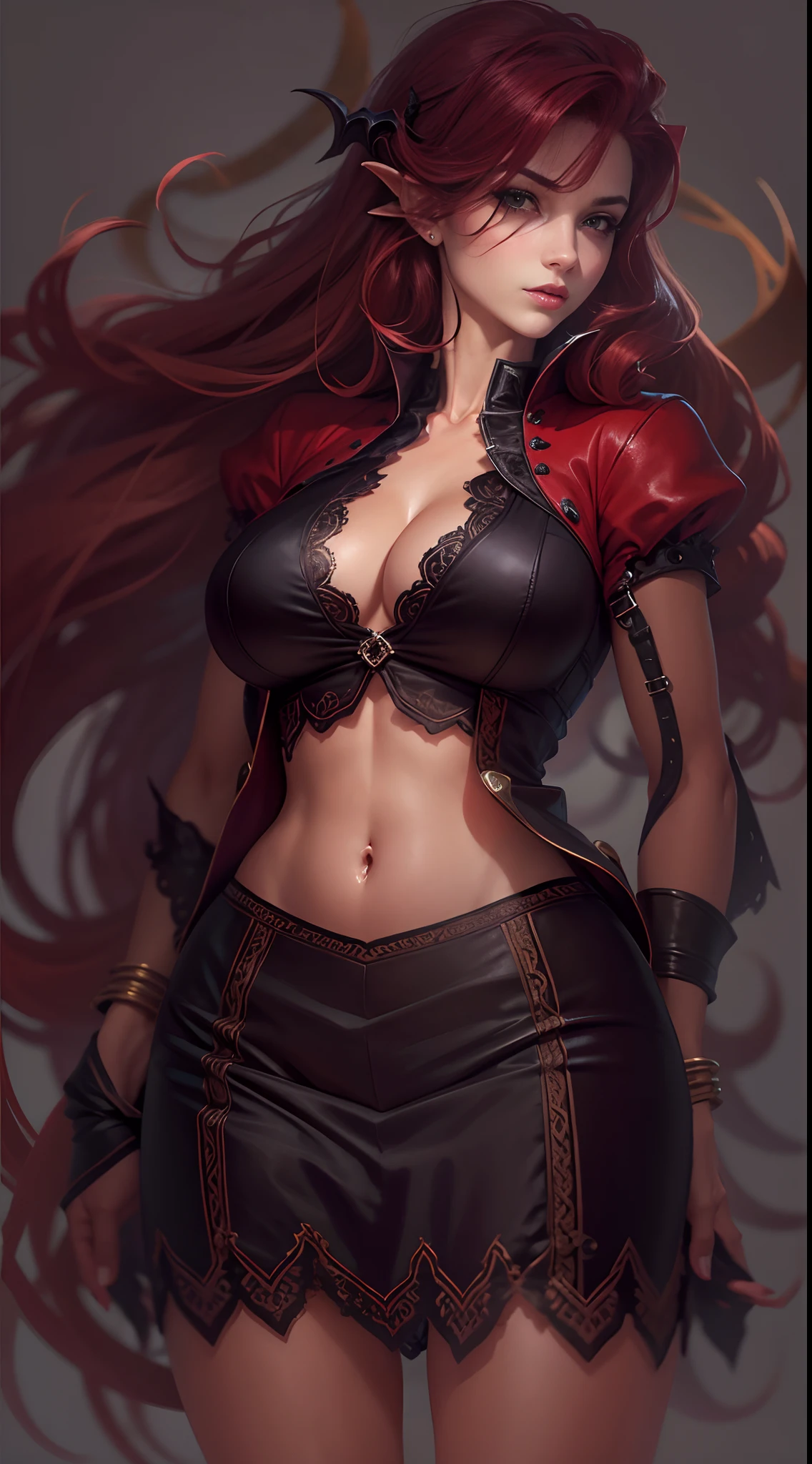 1 , succubus, cabelo chanel, cabelo vermelho, ruiva, lingerie preto e vermelho, castlevania, 30 anos, espartilho sensual, vestido cropped, aparecendo o corpo, very sharp image, 8K, beautiful face, beautiful body, very beautiful clothes, alluring