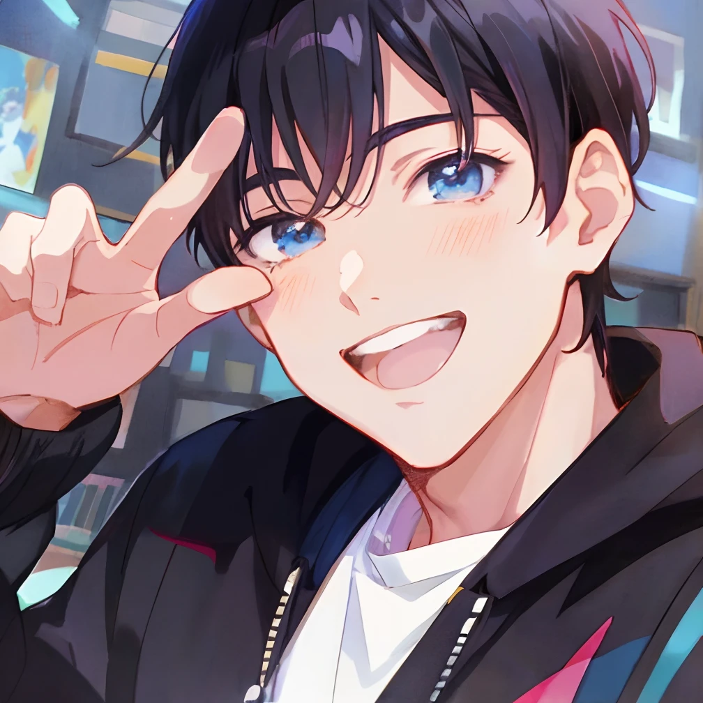 anime boy with black hair and blue eyes making a peace sign, anime boy, anime moe artstyle, kawaii realistic portrait, anime style 4 k, ig studios anime style, young anime man, anime style portrait, high quality anime artstyle, handsome anime pose, smooth anime cg art, digital anime illustration, anime style. 8k, smileing nright