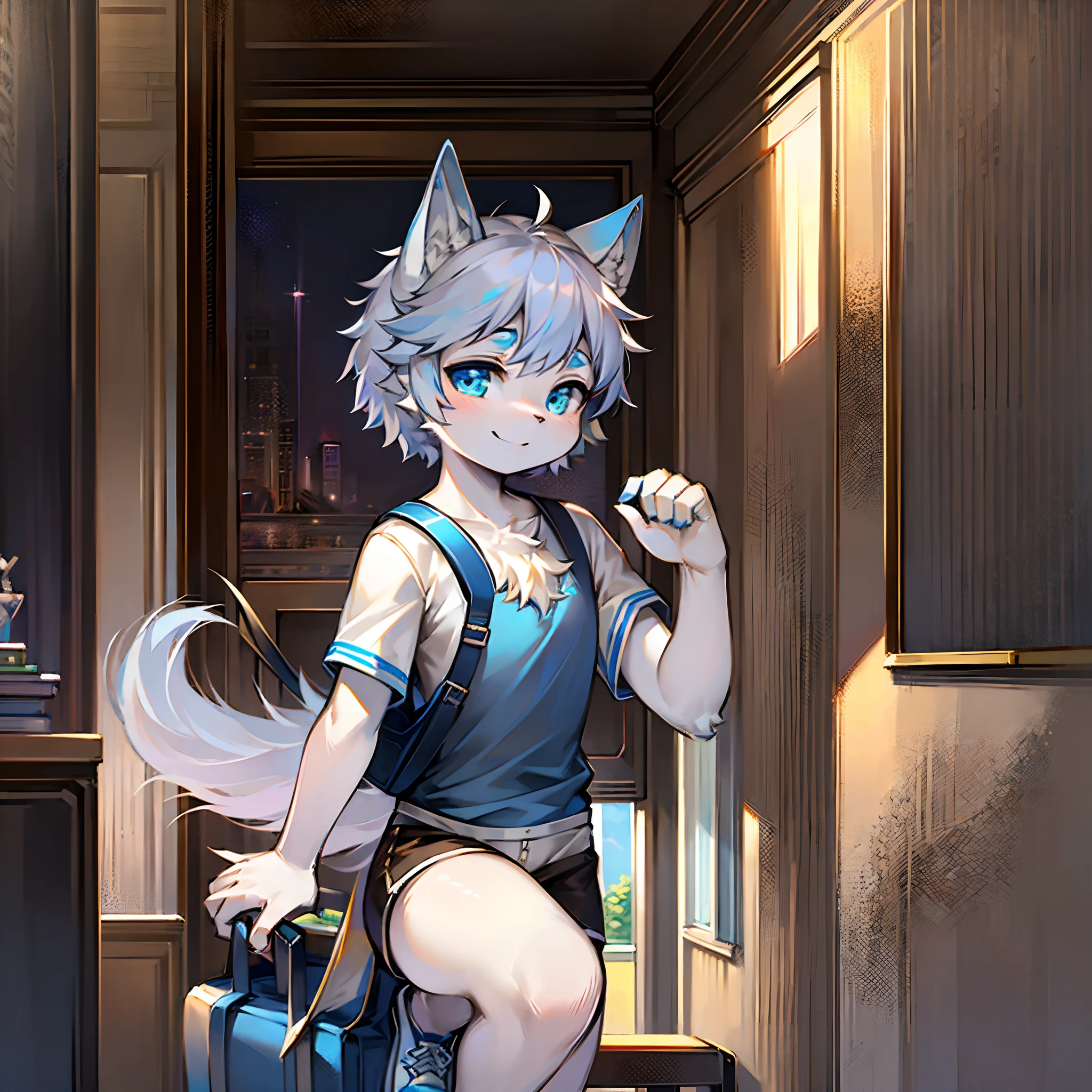 Highest image quality,Delicate painting style,Delicate hook lines,tmasterpiece,Fine fine skin,Delicate hair,Complete painting,A masterpiece,Delicate hands,finely-detailed eyes,Little white wolf,Blue pupil,Wear short-sleeved shorts and shoes,In school,By bicycle,Greet with a smile,Carrying a school bag,beautiful weather,plethora of colors