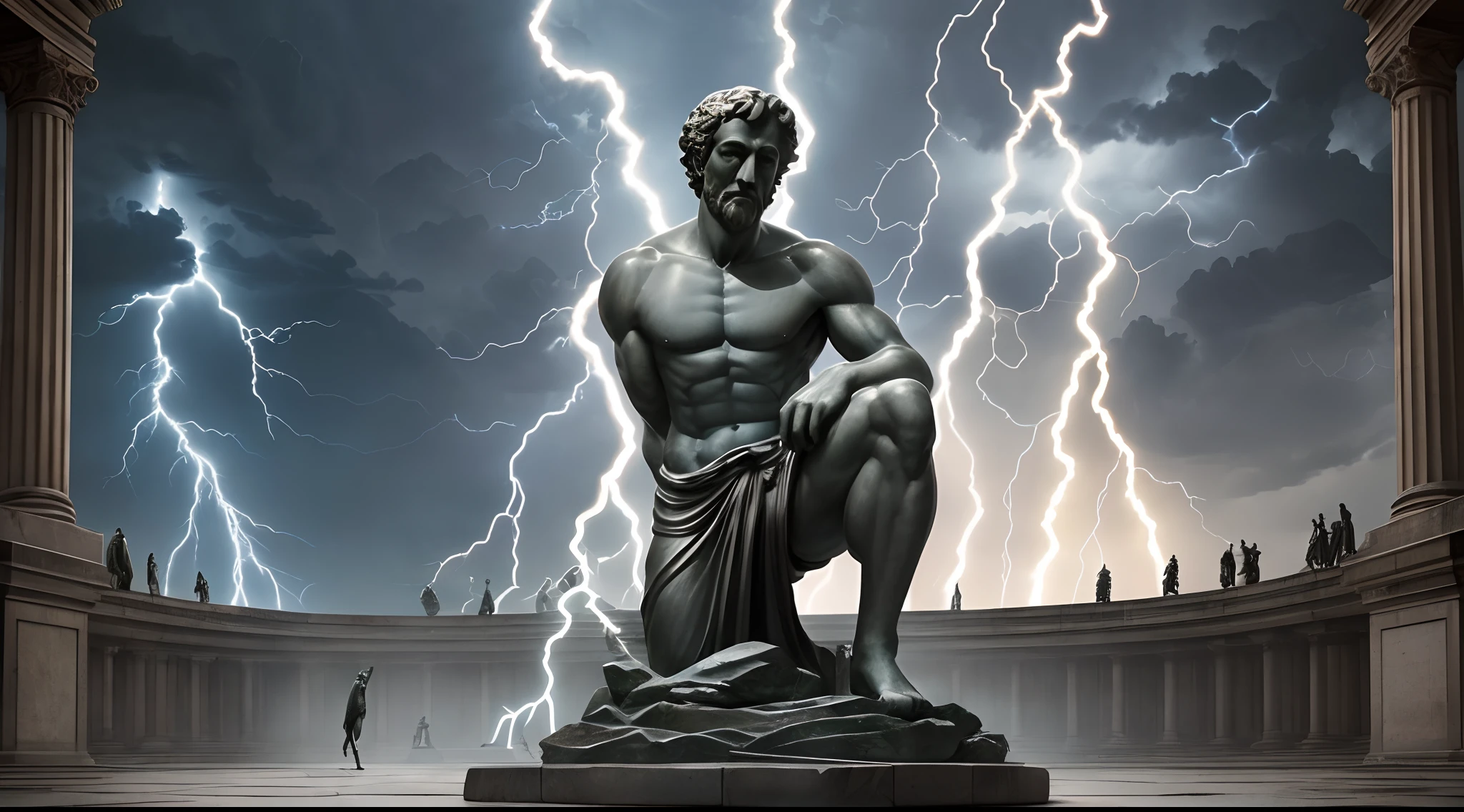 a statue of Aristotle,  dinamic pose, sentado sobre uma rocha (with lightning in the background:1.4), Clint Cearley, Arnold render, a marble sculpture, (cinematografic:1.4), slate grey atmosphere, hiperdetalhada, tons suaves, detalhes insanos, alto contraste, books on the floor