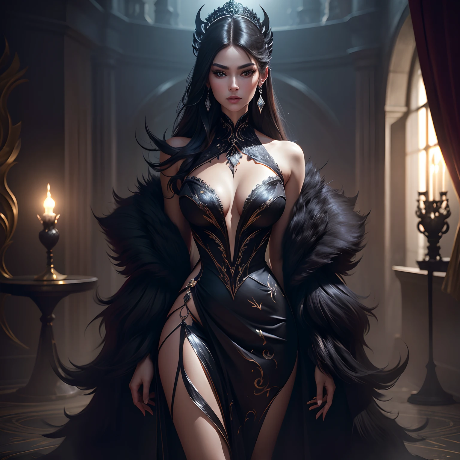 black dress with magnificent wolf-shaped details,high couture,embellished with intricate lace,exquisite embroidery,flowing silhouette,perfectly tailored,graceful and elegant,classic yet bold,eye-catching on any occasion,expert craftsmanship,dramatic and fierce,showcasing power and strength,inspired by the beauty of nature,sophisticated and mysterious,exuding an air of confidence,accentuated by silver accents,bringing a touch of glamour,displaying a fusion of femininity and wildness,mesmerizing and captivating,unveiling the wearer's inner personality,perfect for a glamorous evening affair,stunning contrast between darkness and elegance,breathing life into the art of fashion,(best quality,highres,ultra-detailed),vivid colors and rich textures,soft lighting illuminating the intricate details,highlighting the dress's unique and exquisite design,capturing the essence of a moonlit night,celebrating the beauty of the wolf in the form of wearable art.