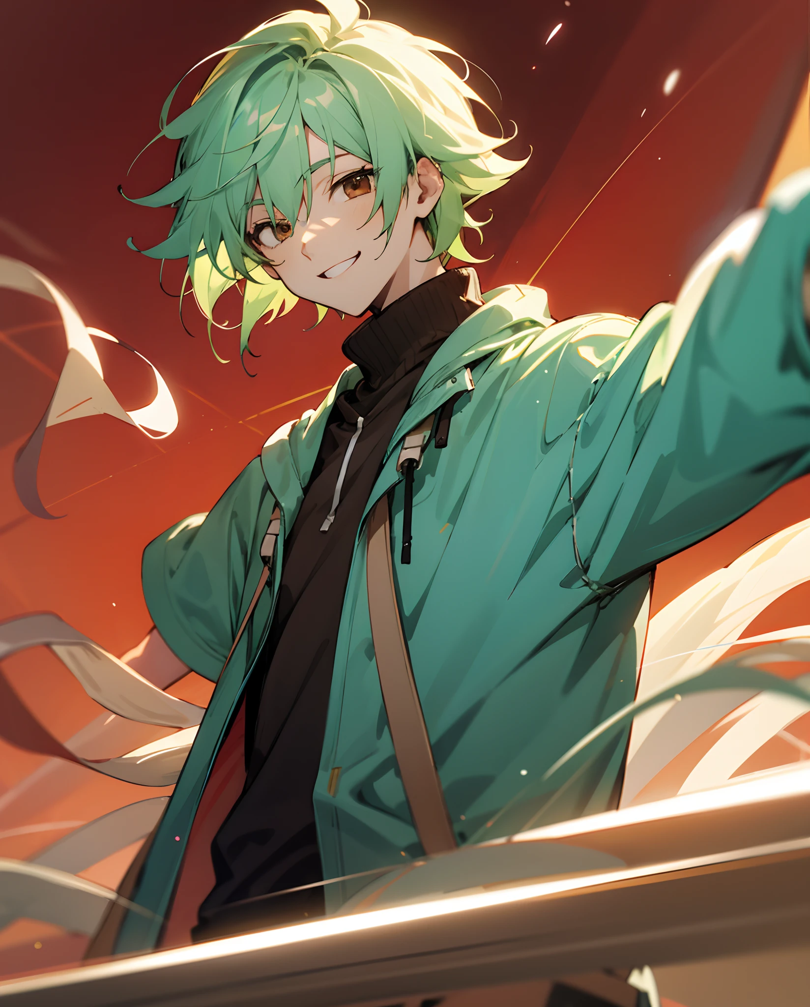 Anime guy 25 years old, brown eyes, light green hair mid long lenght, casual clothes smiling