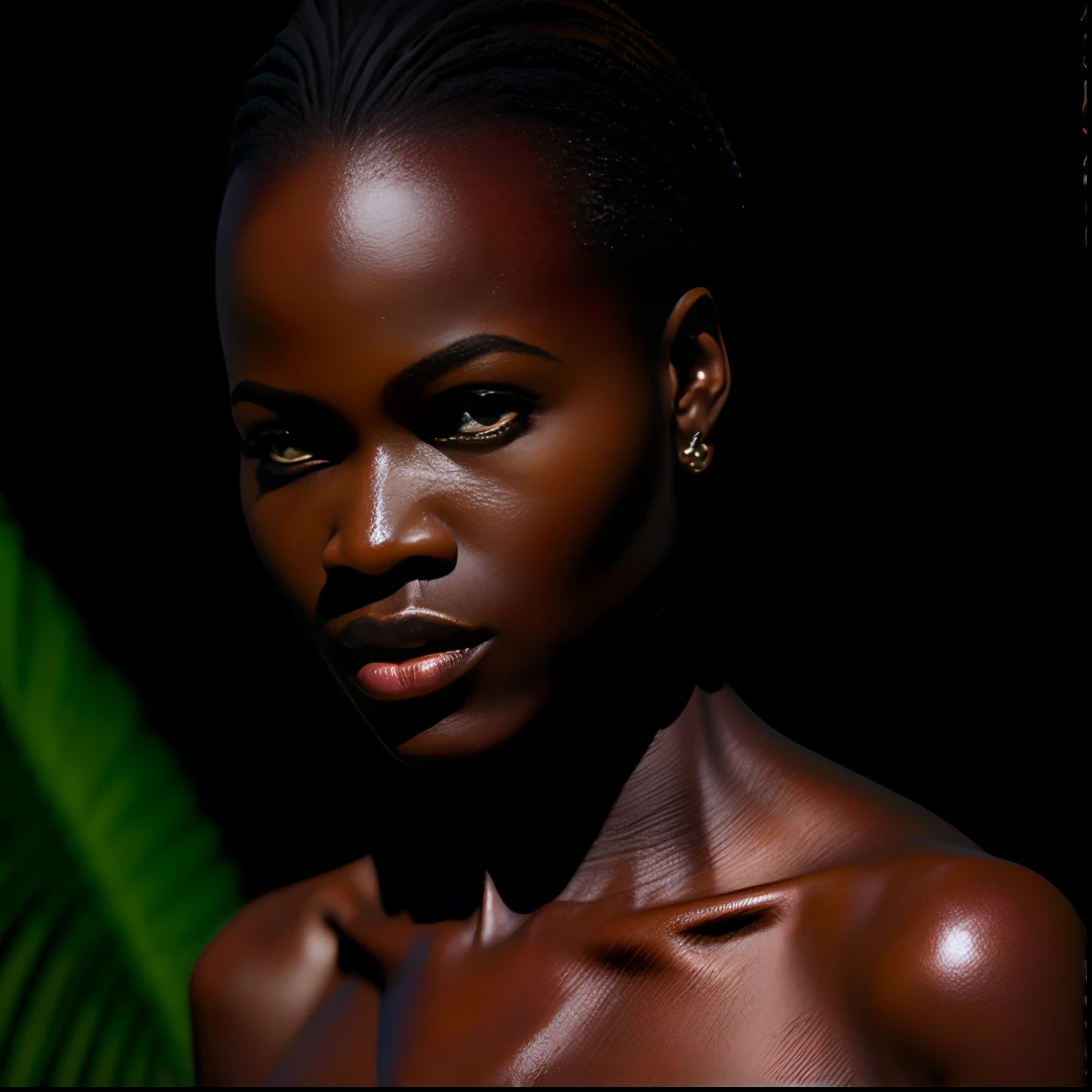 (Masterpiece, premier quality, Ultra detailed CG) 1 femme, beau, Afrique, shaved cut, dark brown skin, tribu afrique, Low light Alex Ross:1.3