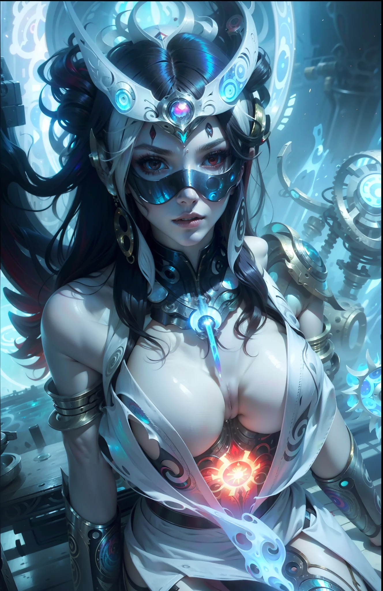 Masterpiece, Best Quality, Girls, Slender, Red Eyes, Hair Color, Iridescent, Long Hair Spreading, White Skin, Medium, Cute, Sexy, Near Future, Bikini, Exposed Skin, Night, Psychedelic, Trip, Extreme Color, Paisley Theme, Open Legs, Mechanical Left Arm, Full Body, cosmos