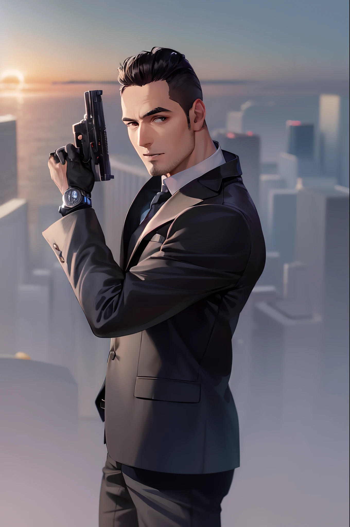 arafed man in a suit holding a gun and looking at the camera, security agent, with pistol, man with a gun, holding gun, carrying a gun, with a gun, holding a gun, he's a hitman in peacoat, headshot and bodyshot, he has a pistol!!, head shoot, action thriller, holding handgun, holding pistol, Gibraltar sunset backdrop