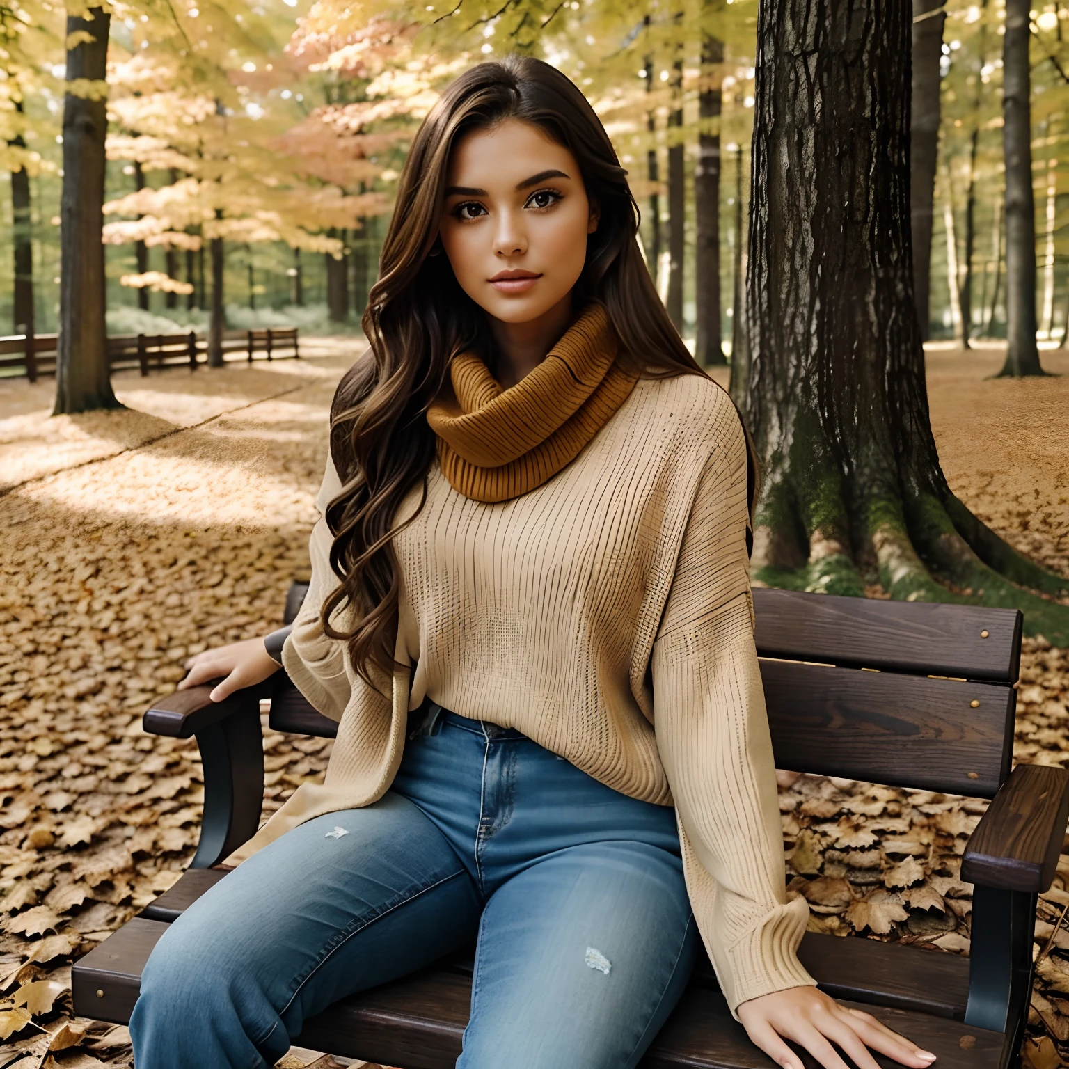 Generate full-body photography of Autumn, the stunning brunette influencer. She should appear in her mid-20s, approximately 5'4" tall, with long, wavy chestnut hair that falls gracefully on her shoulders. She has an athletic hourglass figure accentuated by her full bust. Her complexion should be flawless, with a warm, sun-kissed tan. Autumn's expressive brown eyes should radiate charisma, and she should have a relaxed and confident demeanor.Autumn is dressed in a stylish fall outfit. She wears a cozy, oversized sweater in earthy tones that complement the changing leaves. Her jeans fit comfortably, and she's sporting fashionable ankle boots suitable for walking among the fallen leaves. A matching scarf adds a touch of warmth and sophistication.Place Autumn in a picturesque autumn forest setting. Surround her with vibrant fall foliage, including red, orange, and yellow leaves. The background should showcase the beauty of the season, with trees and a gentle breeze rustling the leaves.For poses, capture Autumn in relaxed and natural positions. She can be seen strolling through the forest, admiring the foliage, or sitting on a rustic bench, enjoying the serene atmosphere. Encourage her to engage with the environment by collecting leaves or simply reveling in the beauty of autumn.Ensure the image conveys the essence of a peaceful and elegant fall day, emphasizing Autumn's connection with nature and the changing seasons